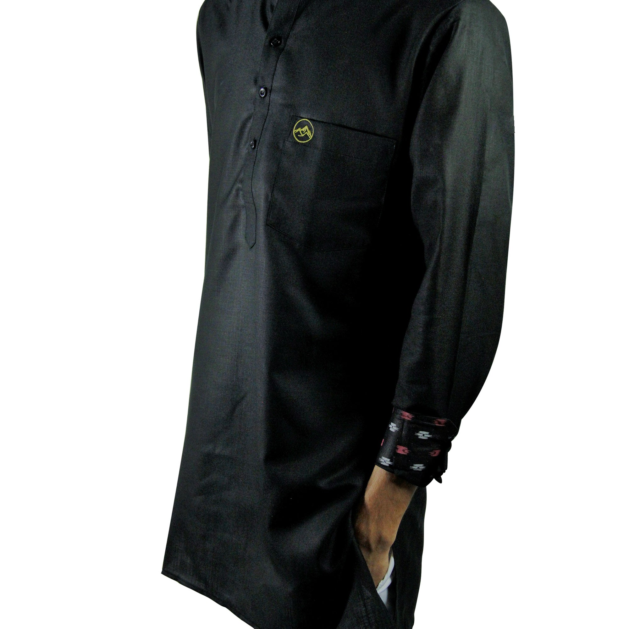 Men's Black Modern Casual Cotton Asian Kurta Shirt With Accent Cuffs - Hijaz