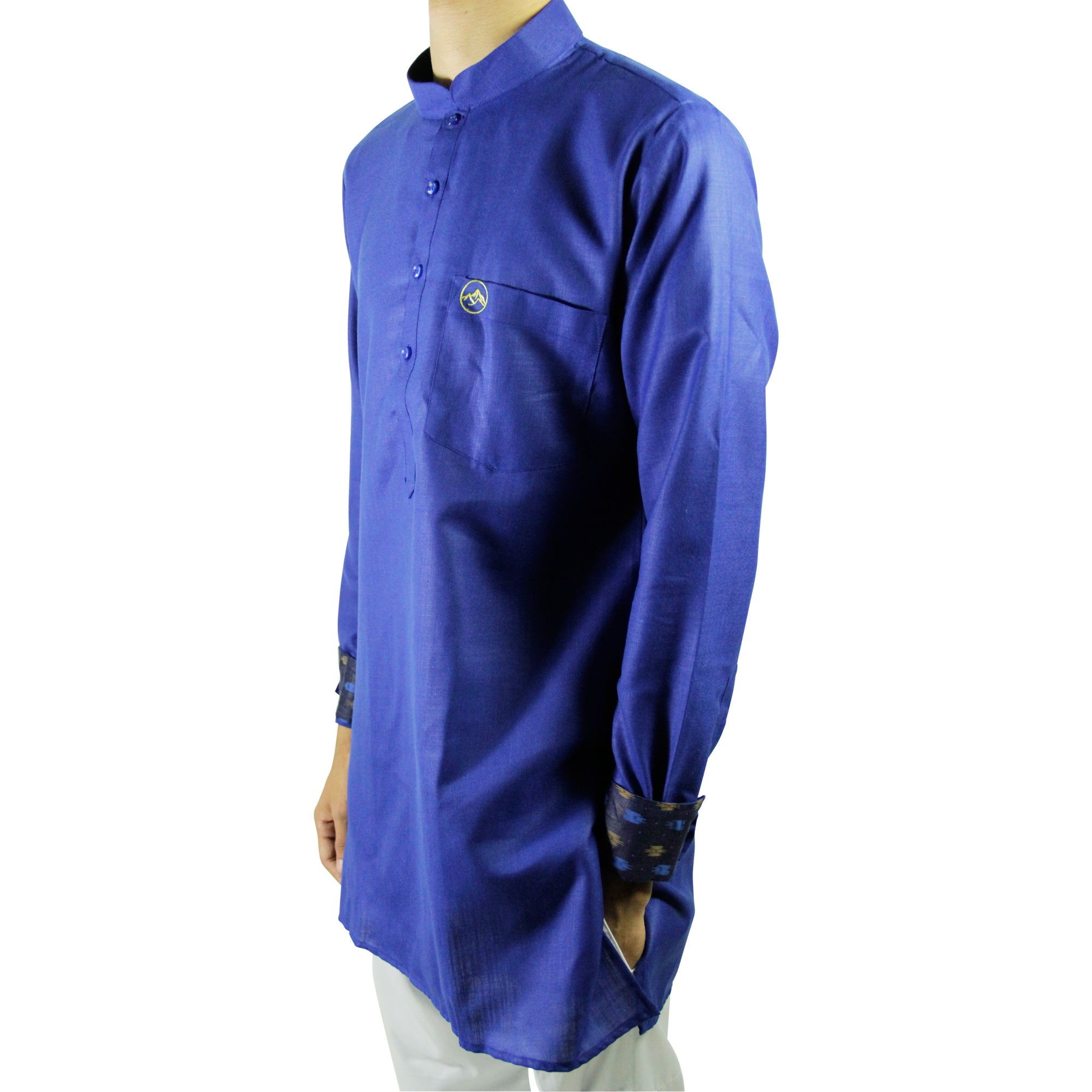 Men's Blue Modern Casual Cotton Short Asian Kurta Shirt With Accent Cuffs - Hijaz