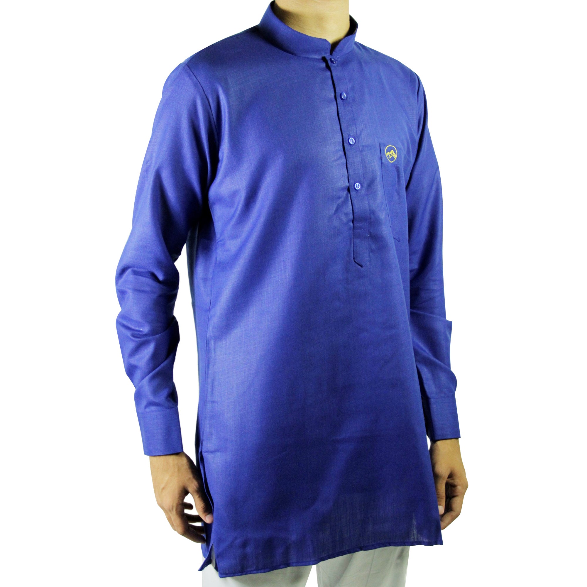 Men's Blue Modern Casual Cotton Short Asian Kurta Shirt With Accent Cuffs - Hijaz