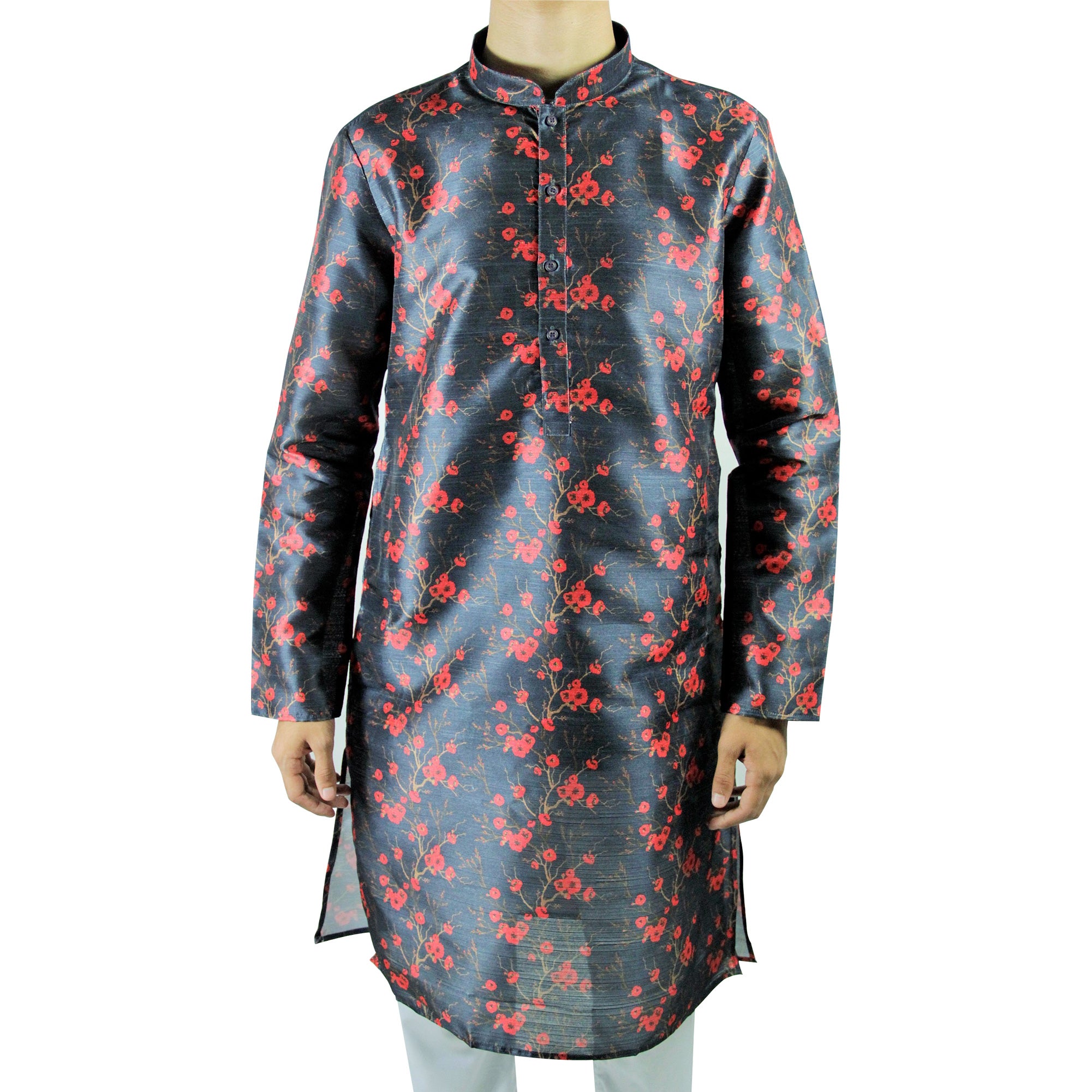 Men's Dark Blue Formal Silky Cotton Cherry Blossom Long Asian Kurta Shirt - Hijaz
