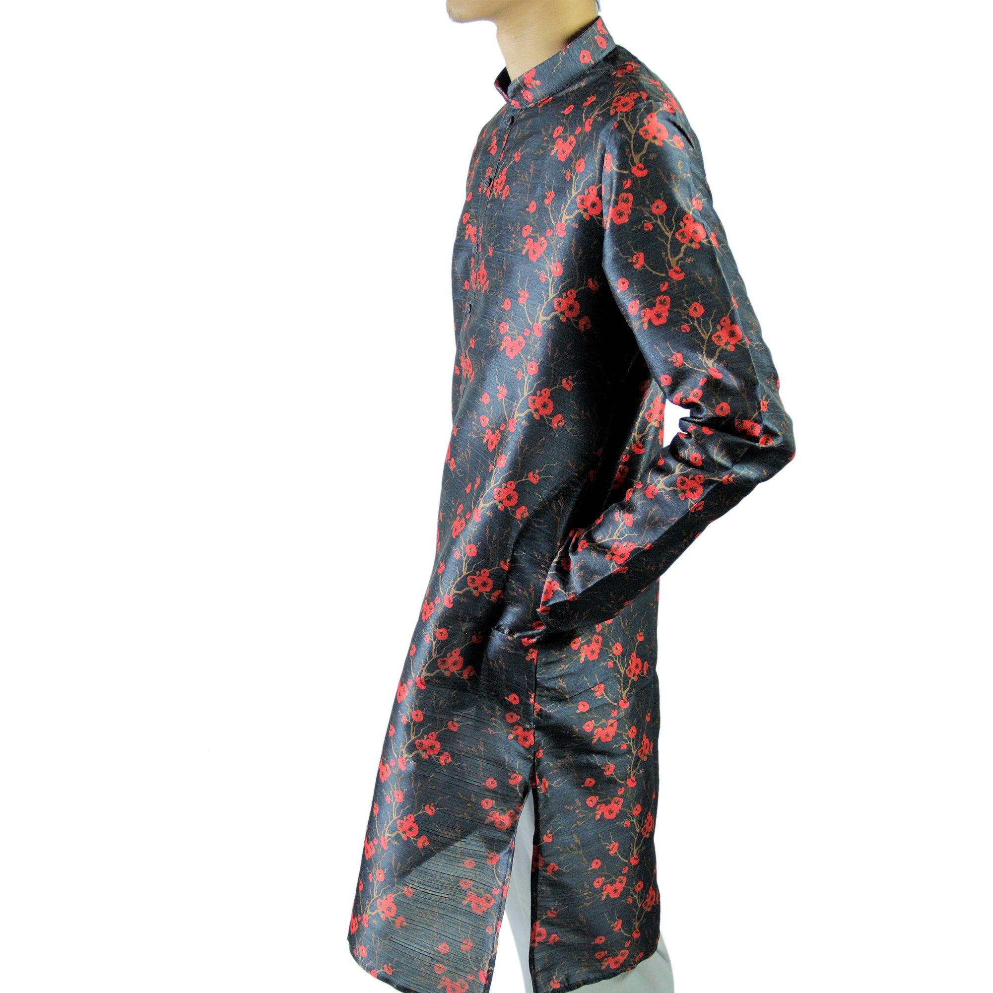 Men's Dark Blue Formal Silky Cotton Cherry Blossom Long Asian Kurta Shirt - Hijaz