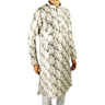 Men's Off White Formal Silky Cotton Floral Print Long Asian Kurta Shirt - Hijaz