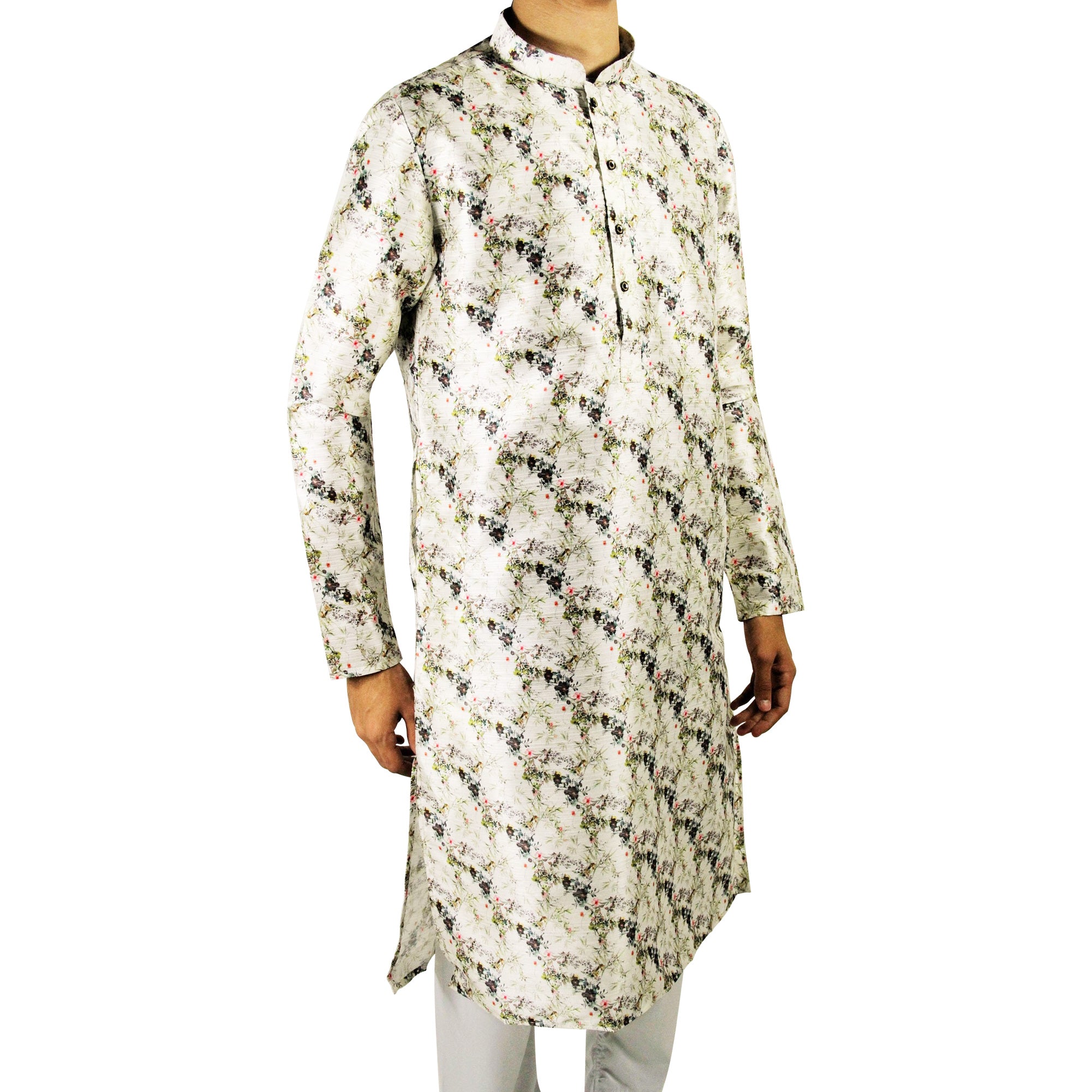 Men's Off White Formal Silky Cotton Floral Print Long Asian Kurta Shirt - Hijaz