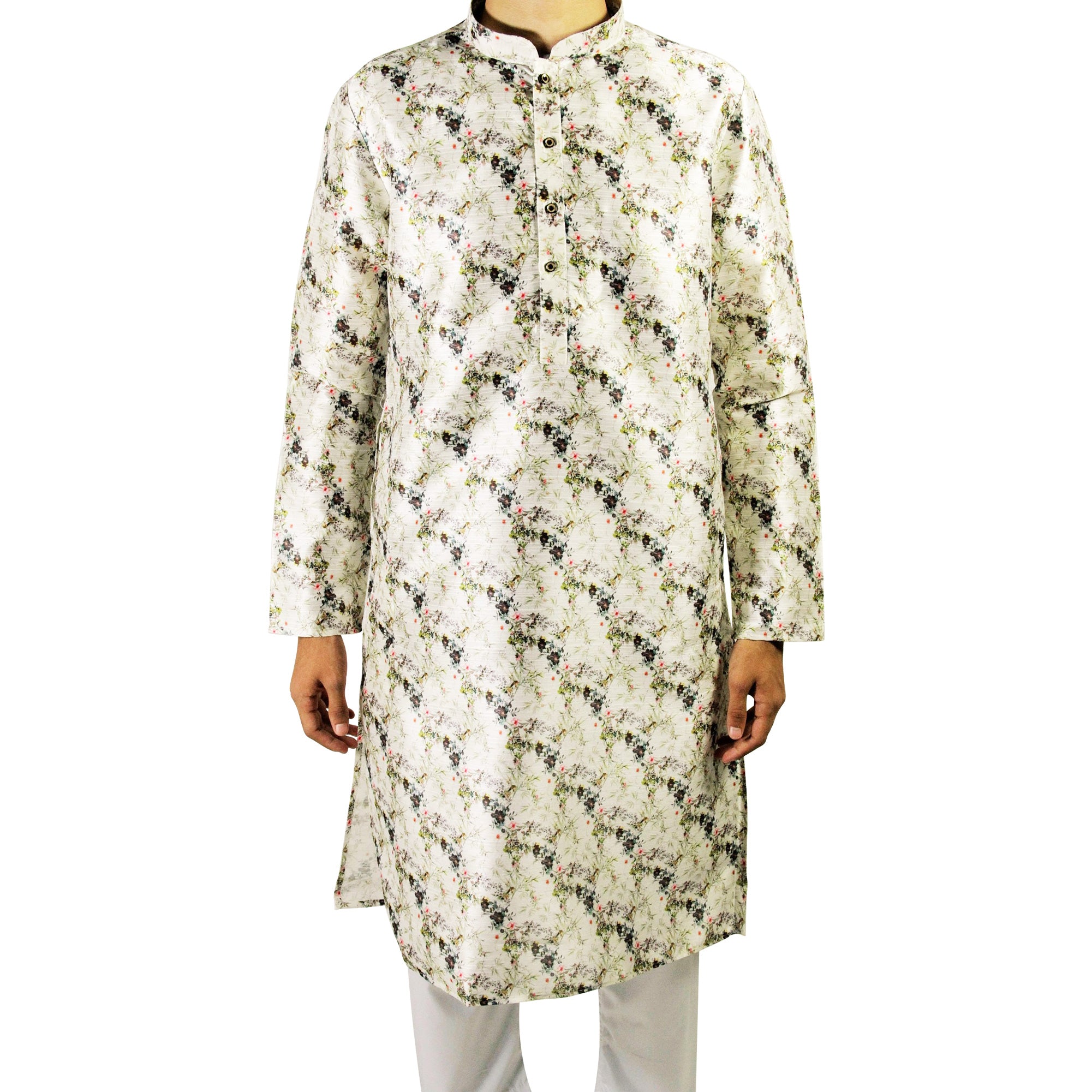 Men's Off White Formal Silky Cotton Floral Print Long Asian Kurta Shirt - Hijaz