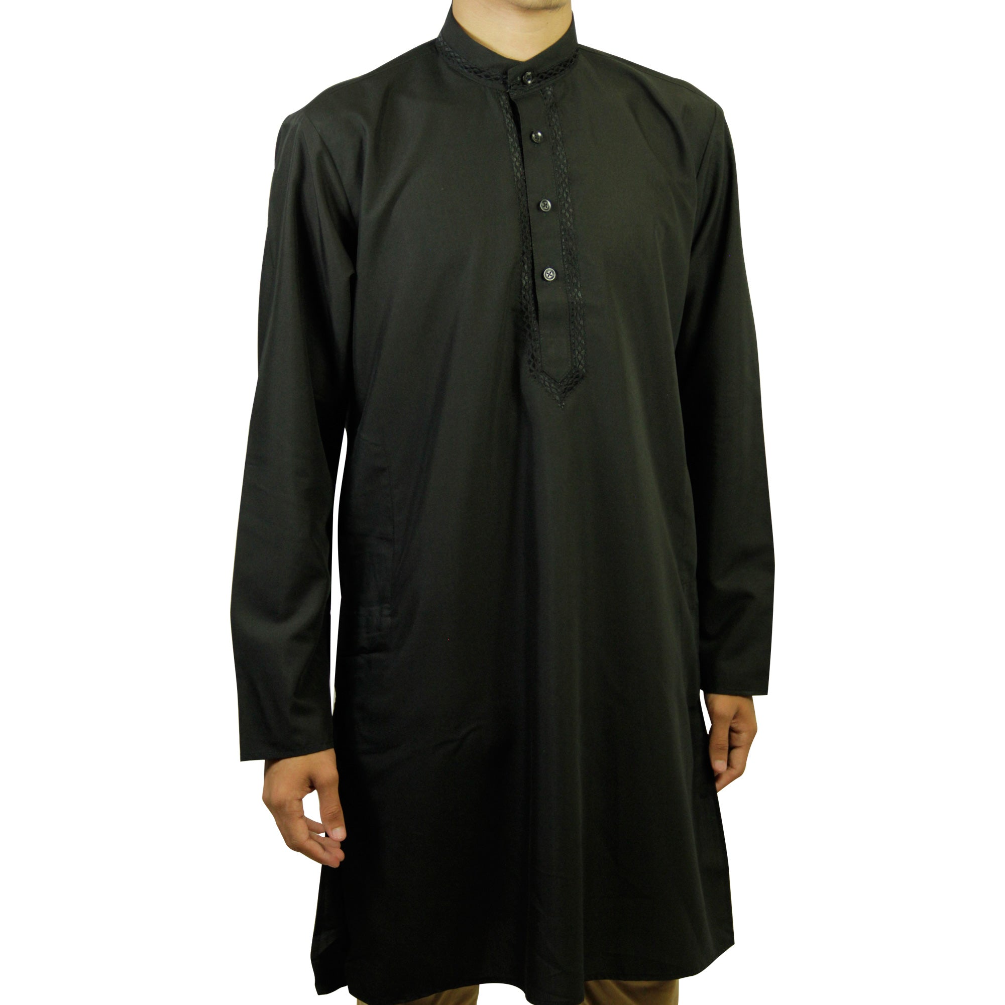 Men's Embroidered Plain Black Kurta Top Wrinkle Free Cotton Long Tunic - Hijaz