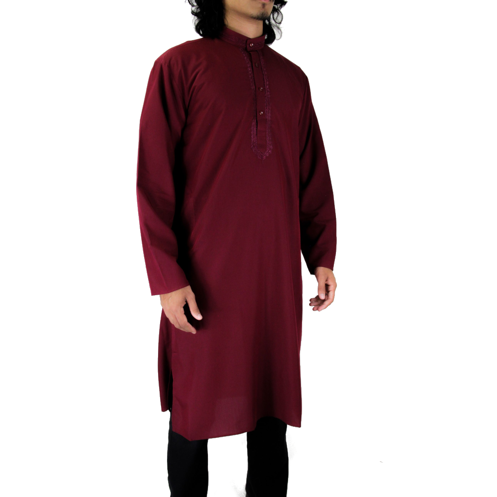 Mens Premium Embroidered Maroon Kurta Top Cotton Tunic Throbe - Hijaz