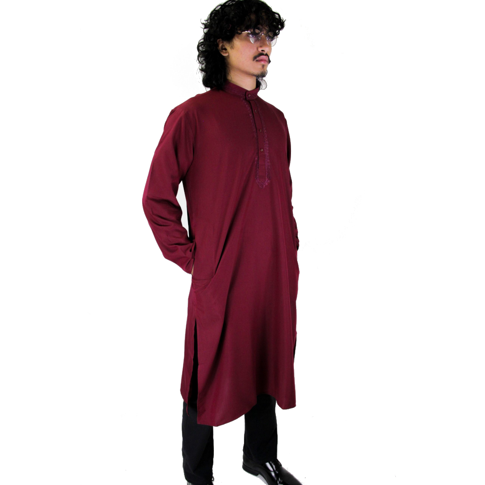 Mens Premium Embroidered Maroon Kurta Top Cotton Tunic Throbe - Hijaz