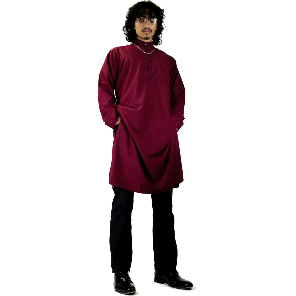 Mens Premium Embroidered Maroon Kurta Top Cotton Tunic Throbe - Hijaz