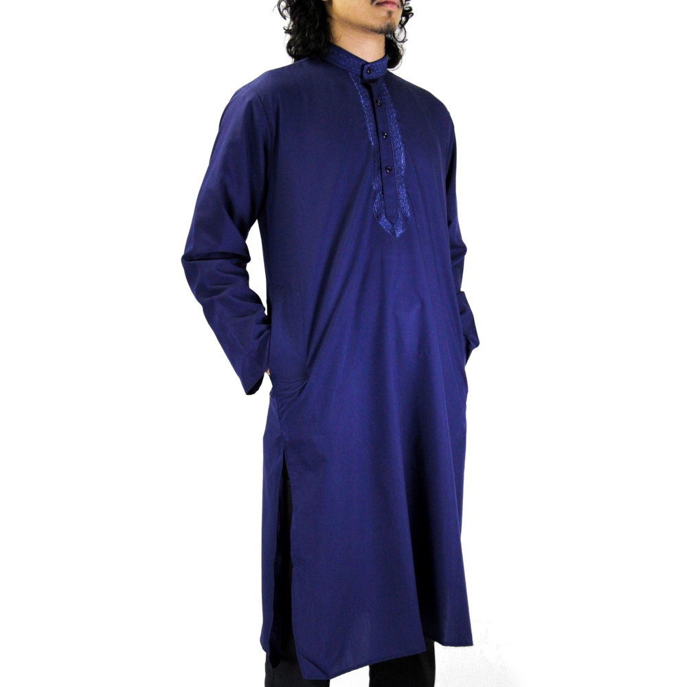 Men's Embroidered Navy Blue Kurta Wrinkle Free Cotton Throbe Short Tunic - Hijaz