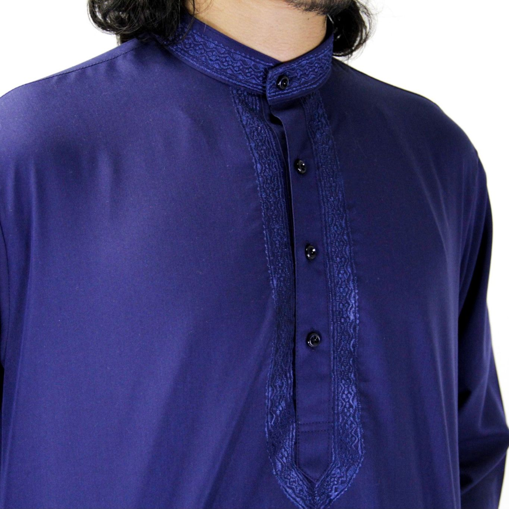 Men's Embroidered Navy Blue Kurta Wrinkle Free Cotton Throbe Short Tunic - Hijaz