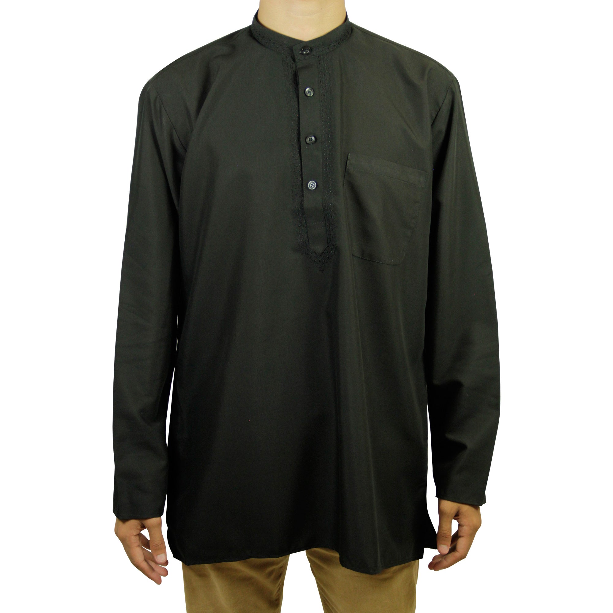 Men's Embroidered Plain Black Kurta Top Wrinkle Free Cotton Short Tunic - Hijaz