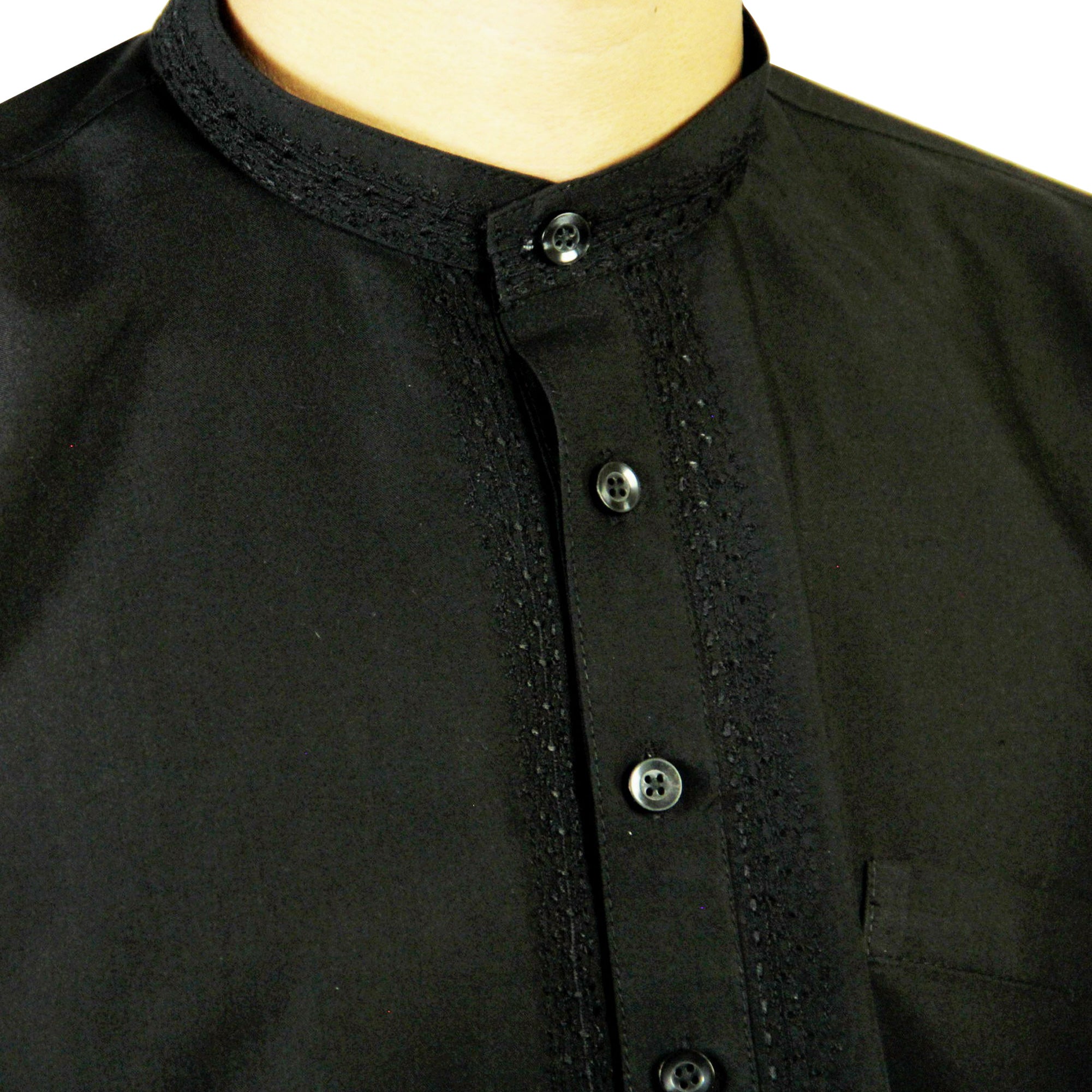 Men's Embroidered Plain Black Kurta Top Wrinkle Free Cotton Short Tunic - Hijaz