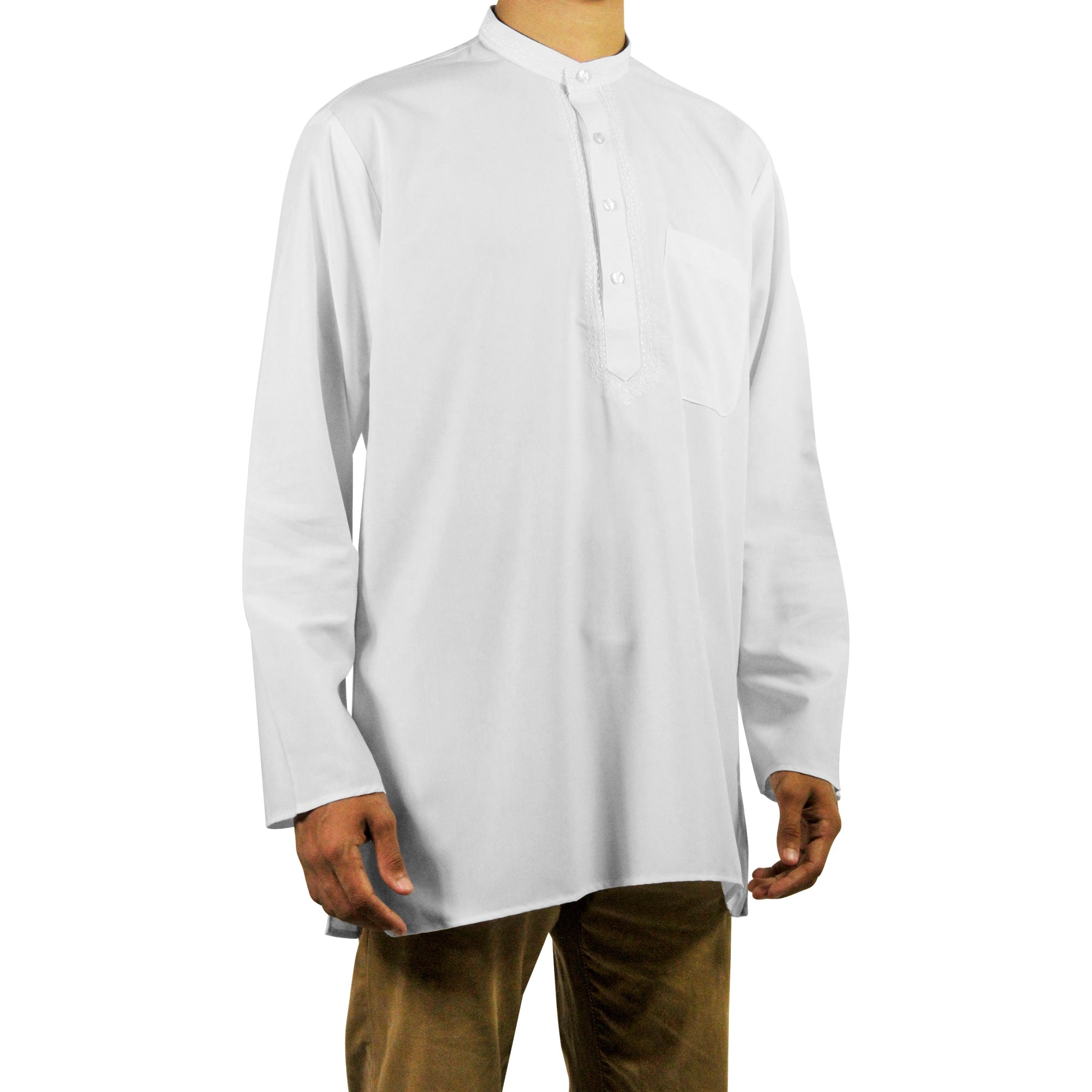 Men's Embroidered Plain White Kurta Top Wrinkle Free Cotton Short Tunic - Hijaz