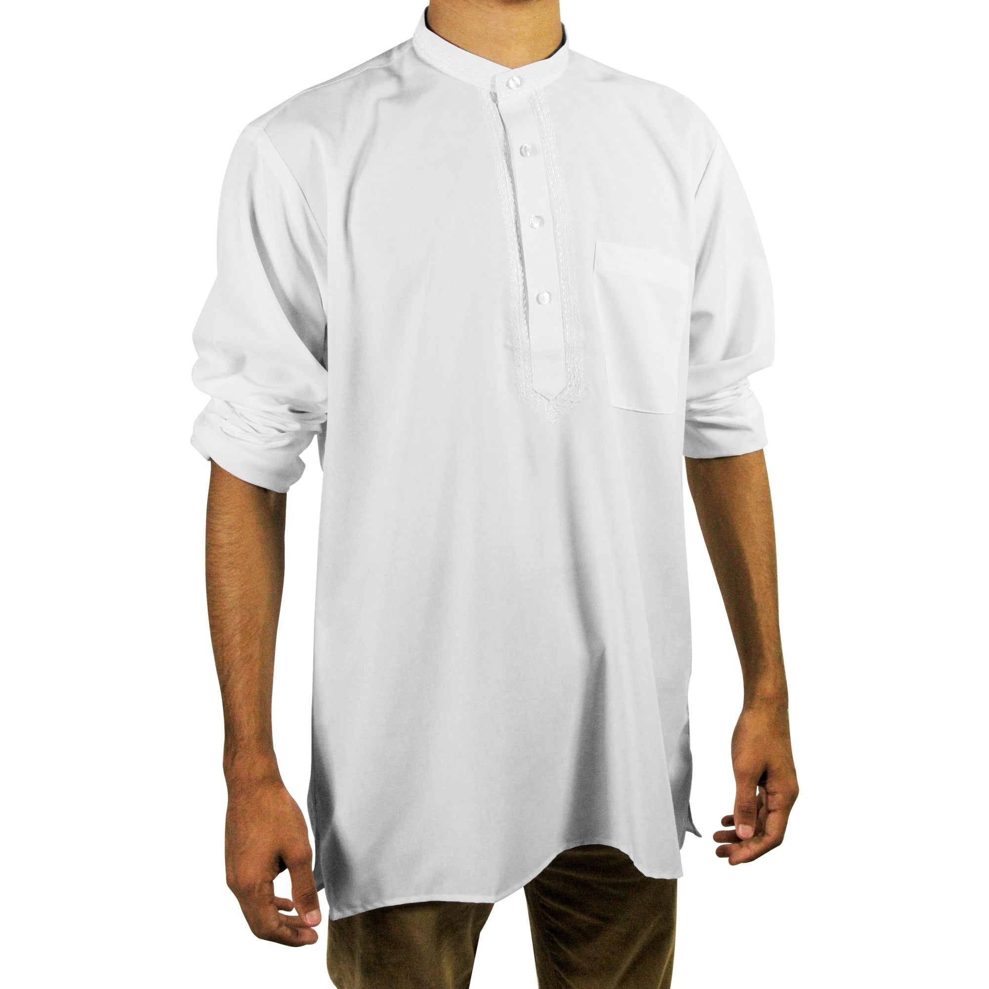 Men's Embroidered Plain White Kurta Top Wrinkle Free Cotton Short Tunic - Hijaz