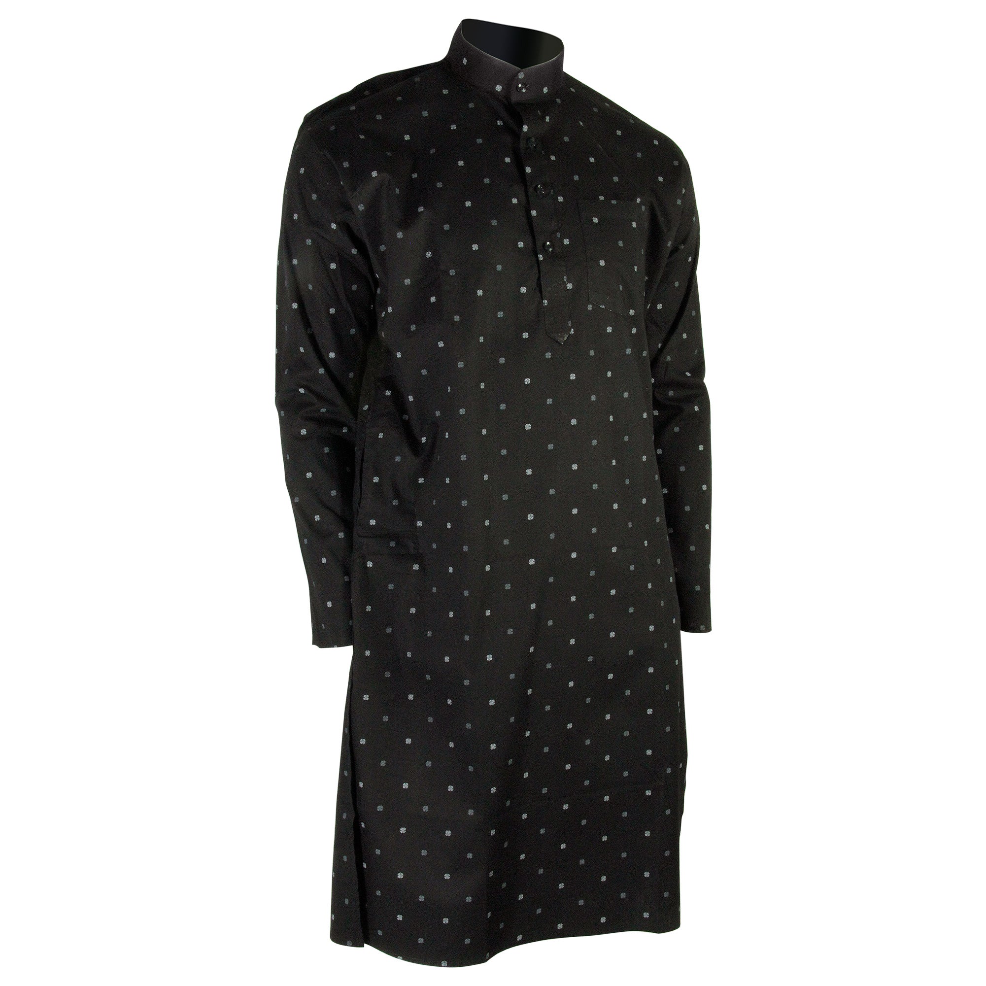 Men's Black Clover Leaf Pattern Kurta with Mandarin Collar and Pockets - Hijaz