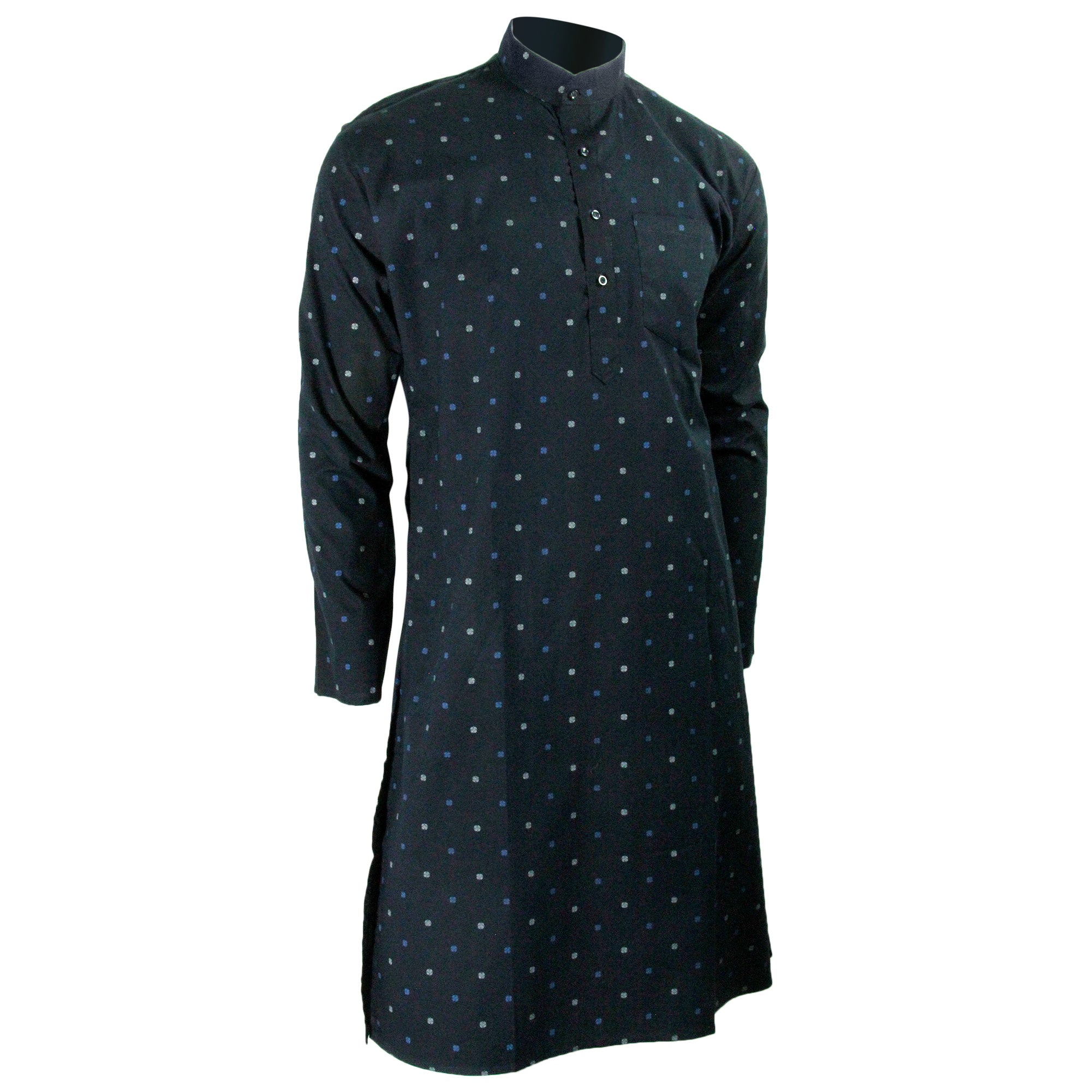 Men's Navy Blue Clover Leaf Pattern Kurta with Mandarin Collar and Pockets - Hijaz
