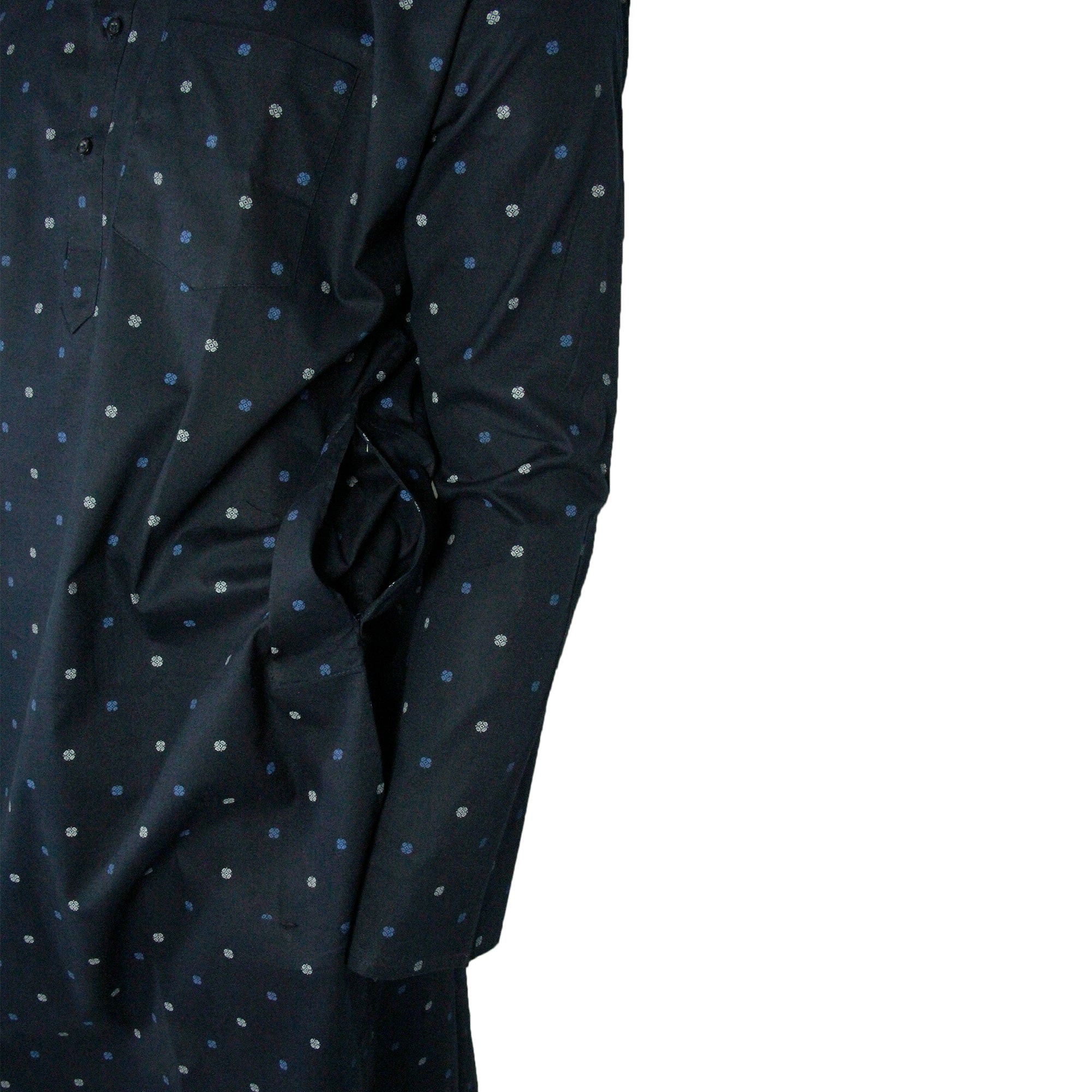 Men's Navy Blue Clover Leaf Pattern Kurta with Mandarin Collar and Pockets - Hijaz