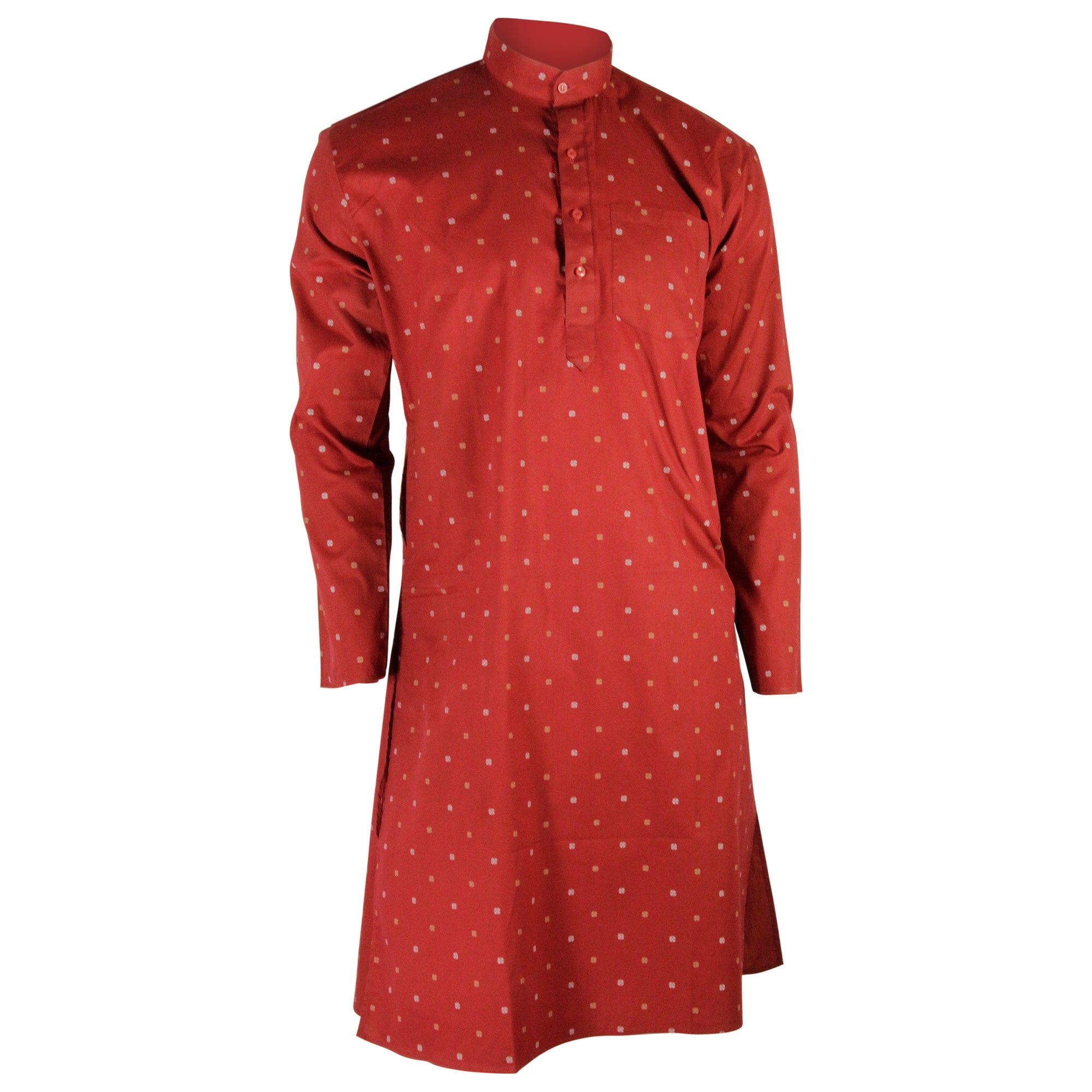 Men's Red Clover Leaf Pattern Kurta with Mandarin Collar and Pockets - Hijaz