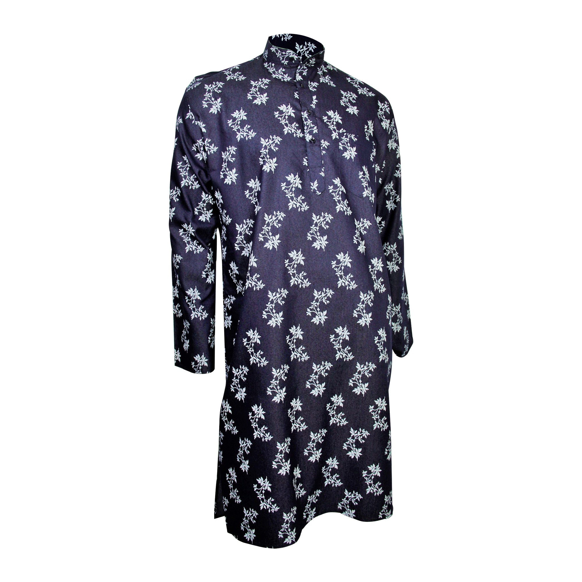 Leaf Pattern Denim Modern Indian Men's Kurta Knee Length with Pockets - Hijaz
