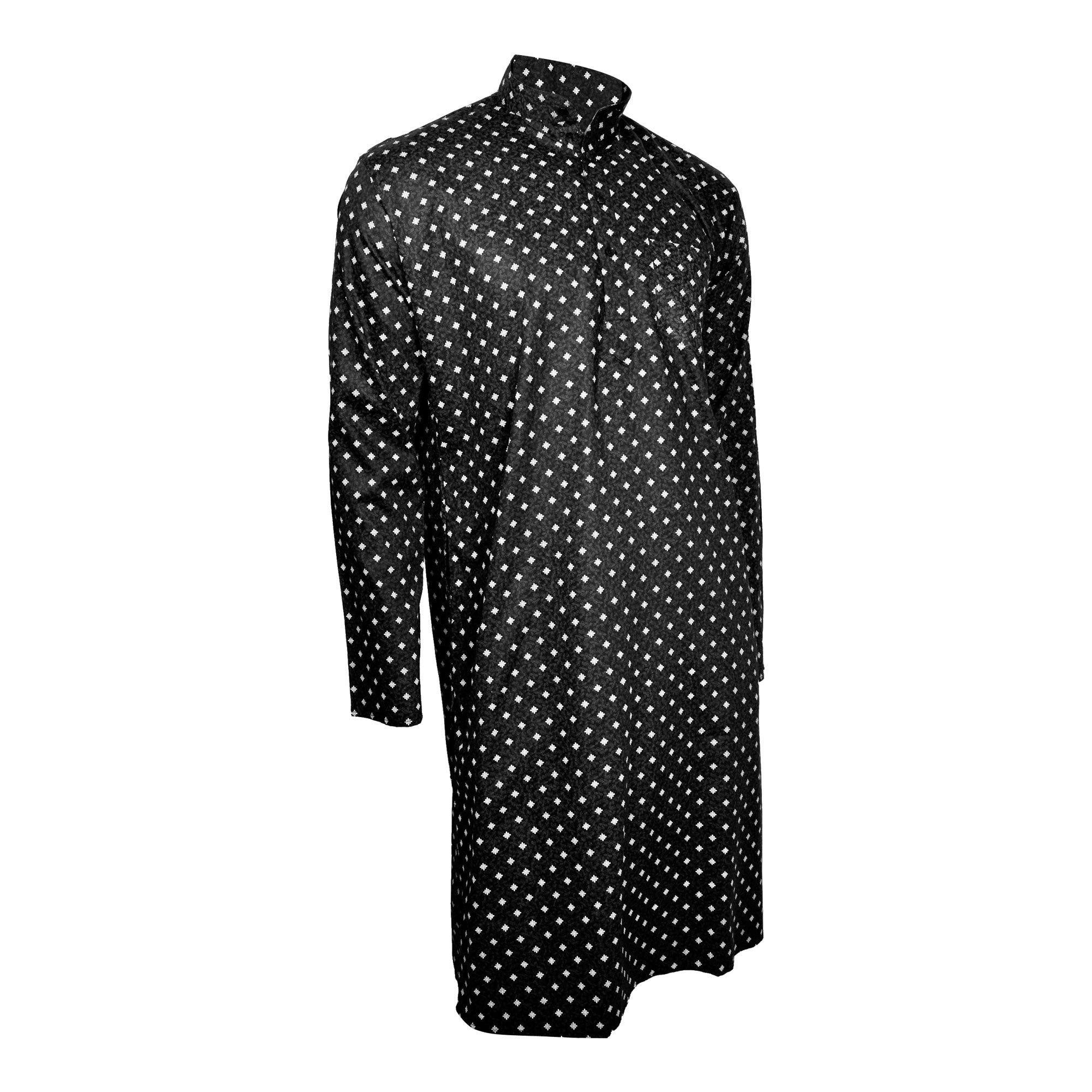 Black Cotton Men's Indian Knee Length Flower Pattern Kurta with Pockets - Hijaz