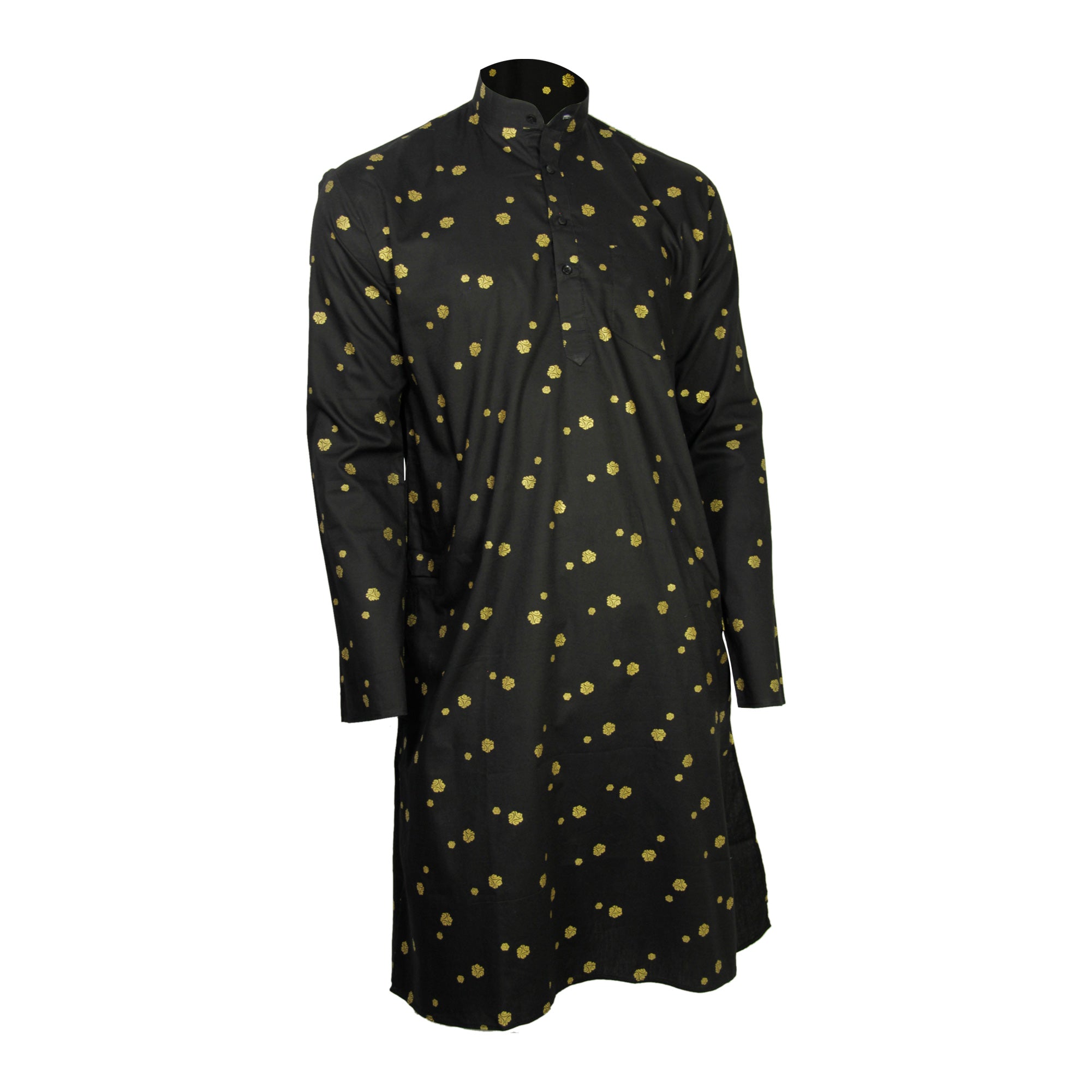 Black and Gold Foil Long Authentic Indian Pattern Kurta with Pockets - Hijaz