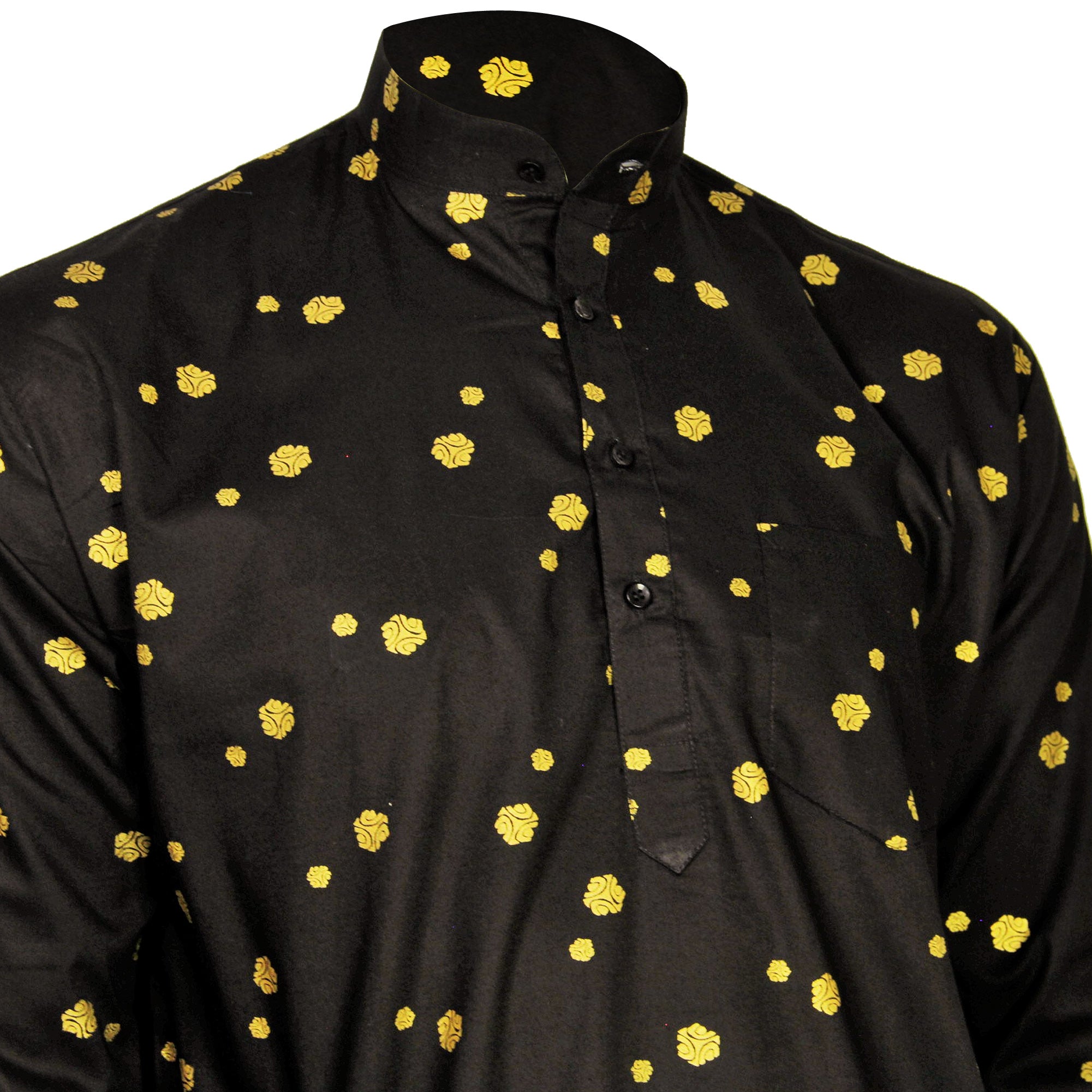 Black and Gold Foil Long Authentic Indian Pattern Kurta with Pockets - Hijaz