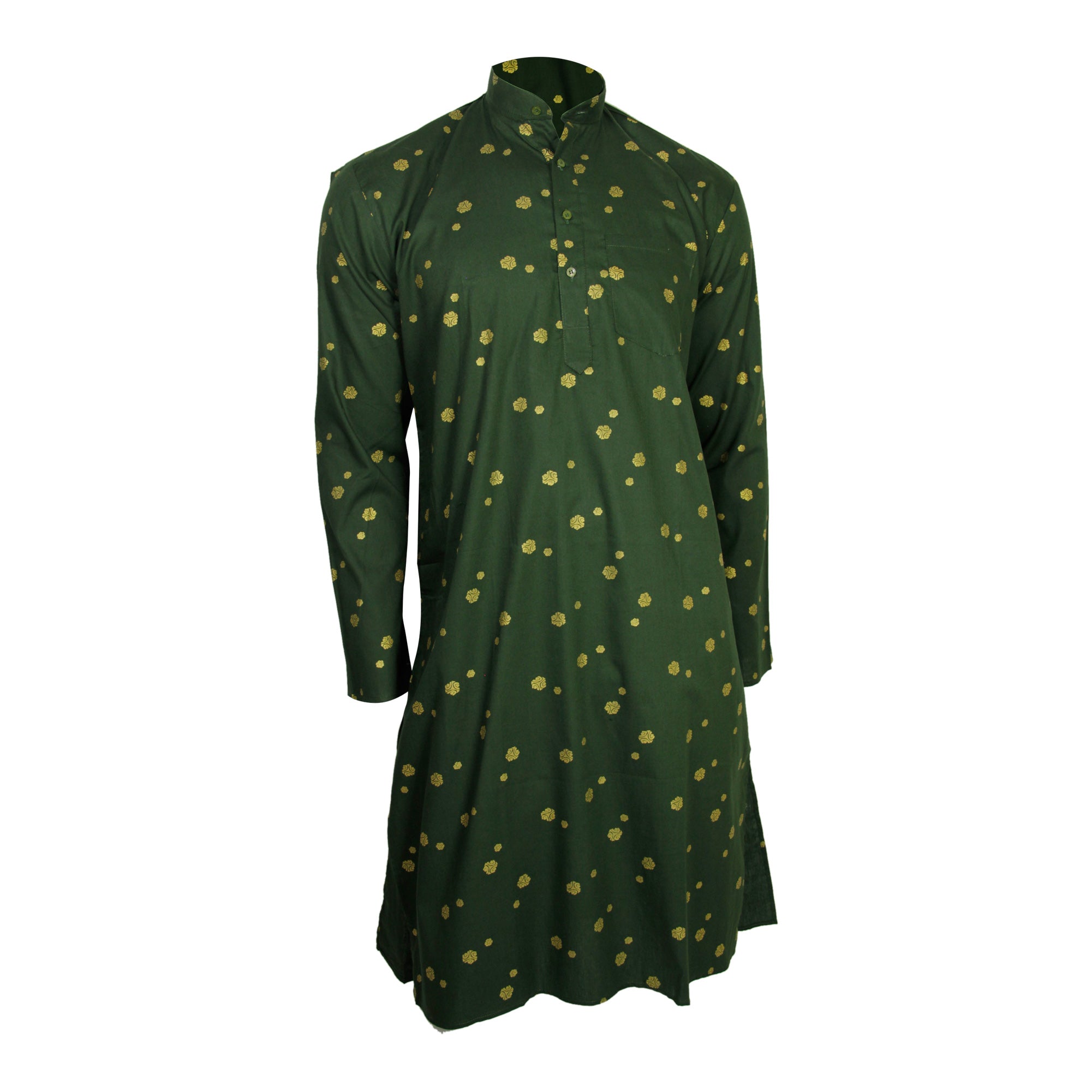 Green and Gold Foil Long Authentic Indian Pattern Kurta with Pockets - Hijaz