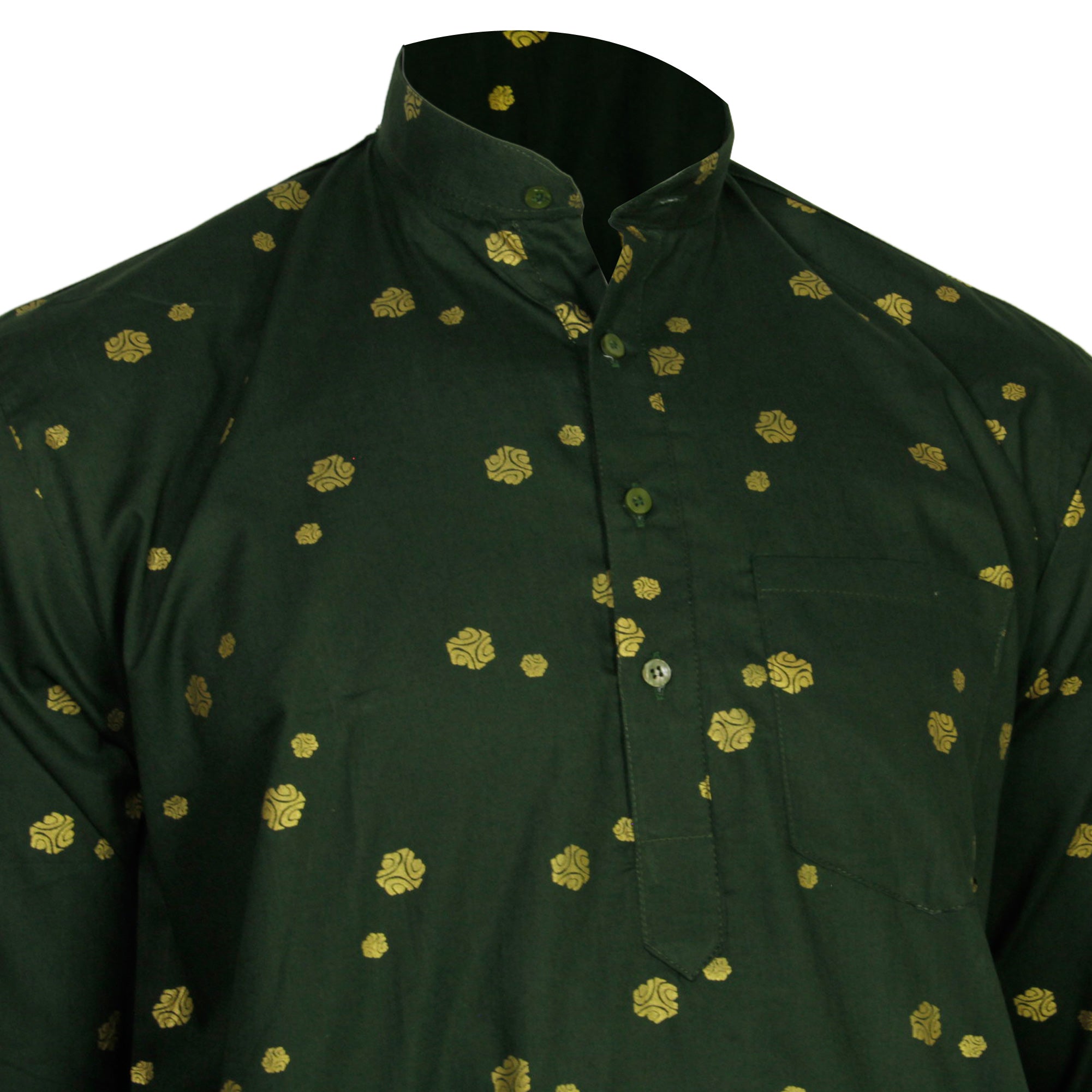 Green and Gold Foil Long Authentic Indian Pattern Kurta with Pockets - Hijaz