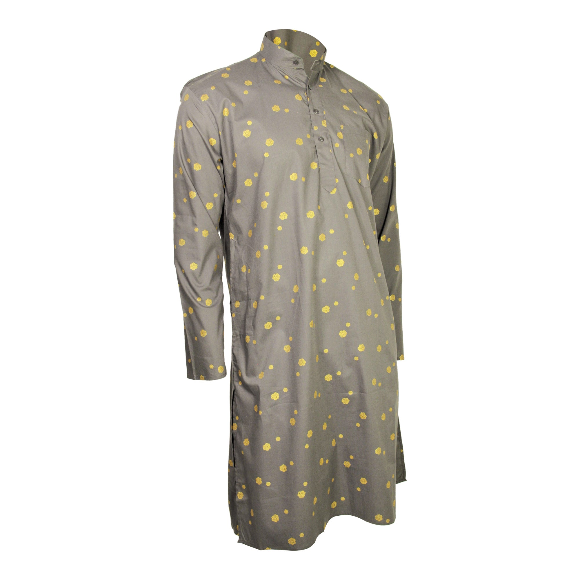 Gray and Gold Foil Long Authentic Indian Pattern Kurta with Pockets - Hijaz