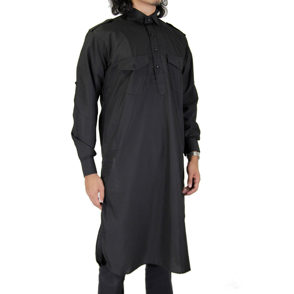 Mens Kurta Cotton Tunic Indian Party Wear Throbe Streetwear Top-BK - Hijaz