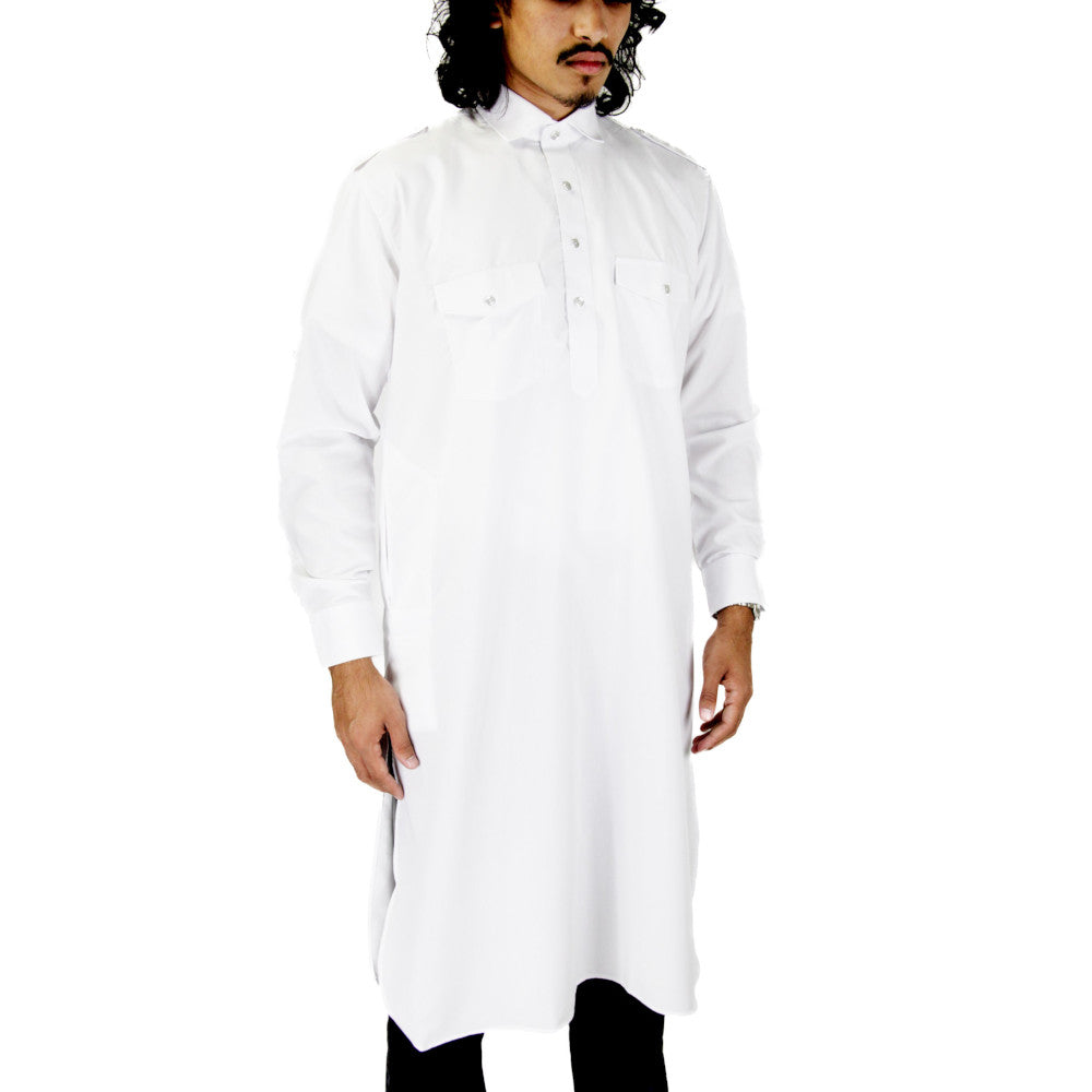 Men's White Casual Cotton Short Asian Kurta Shirt With Accent Cuffs - Hijaz