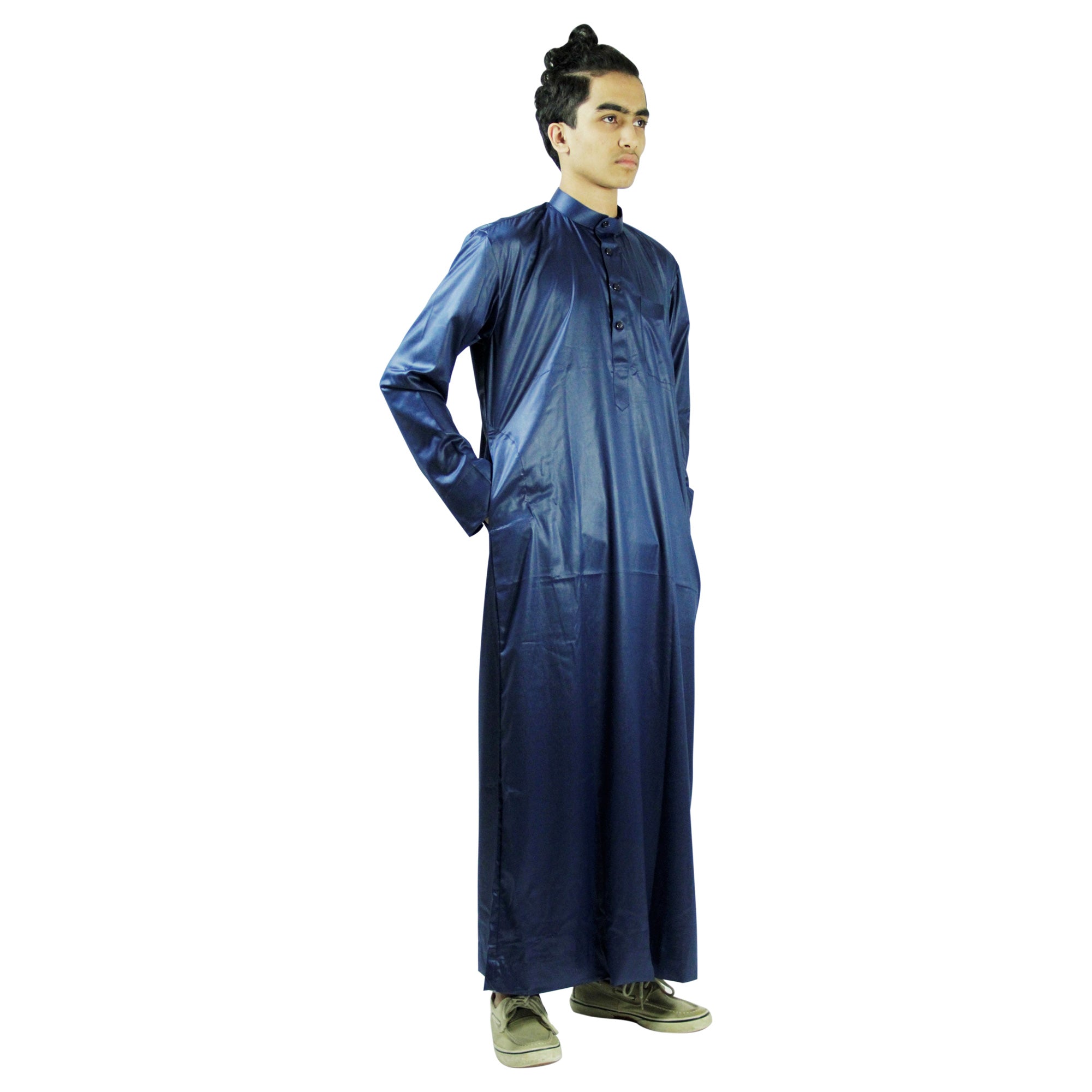 Long Sleeve Fitted Men's Formal Navy Blue Thobe Polished Cotton Arab Robe - Hijaz