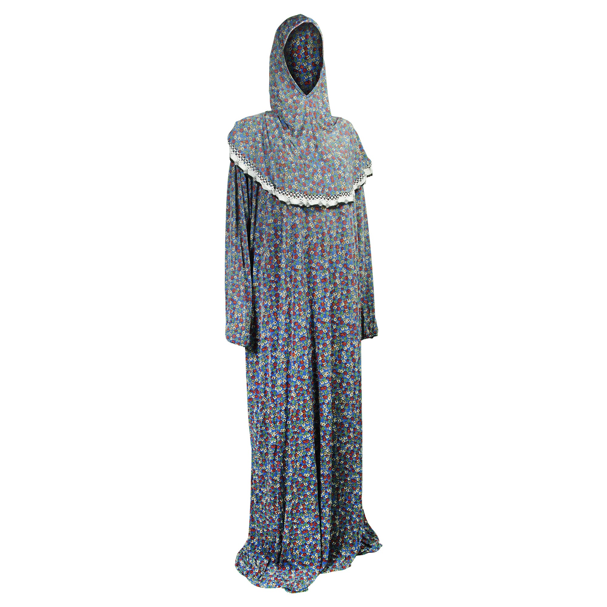 One Size Blue Floral Women's Loose Prayer Clothes Abaya Gown With Hijab - Hijaz