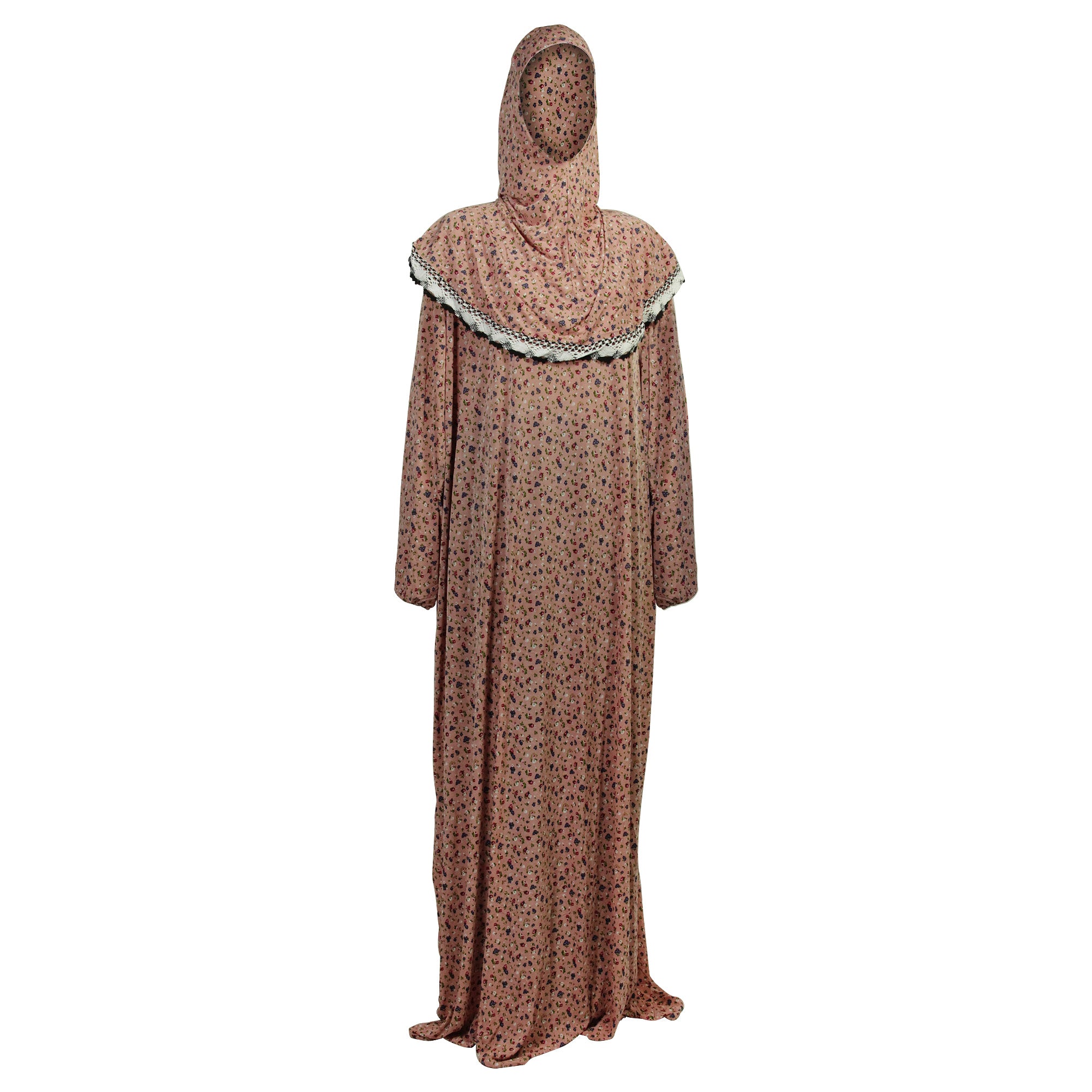 One Size Pink Floral Women's Loose Prayer Clothes Abaya Gown With Hijab - Hijaz