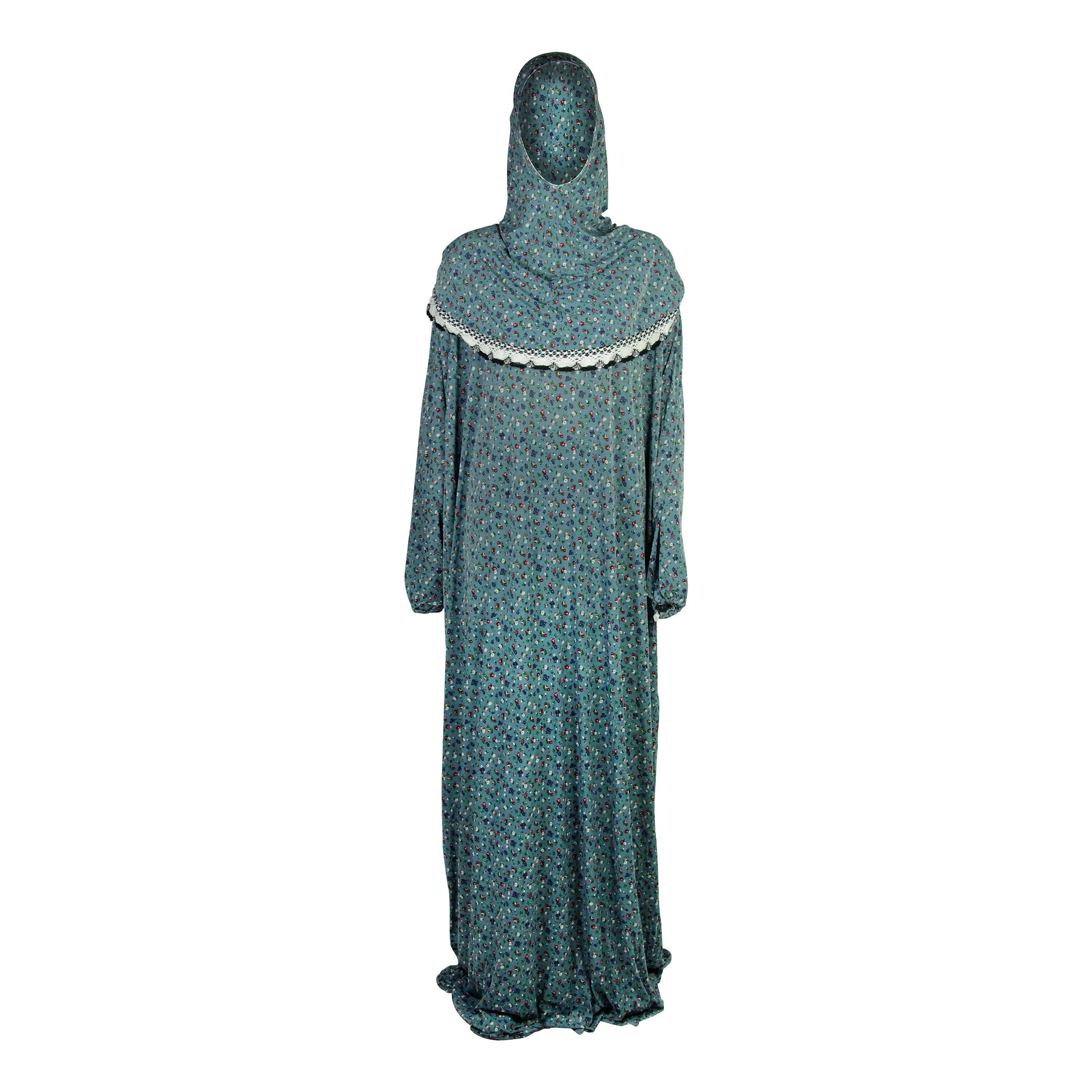 One Size Sky Blue Floral Women's Prayer Clothes Garment Abaya Gown With Hijab - Hijaz