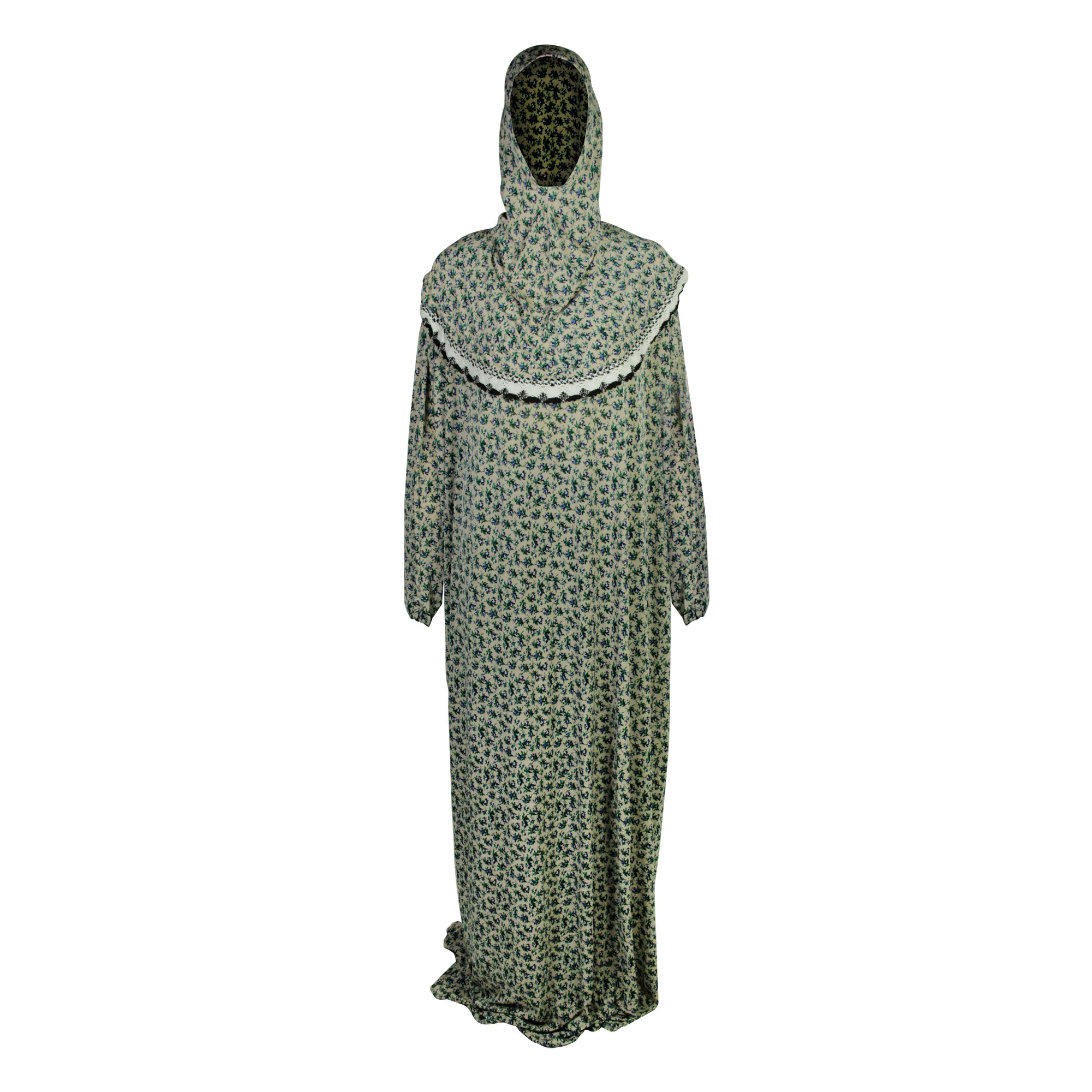 One Size Off White Floral Women's Loose Prayer Clothes Abaya Gown With Hijab - Hijaz