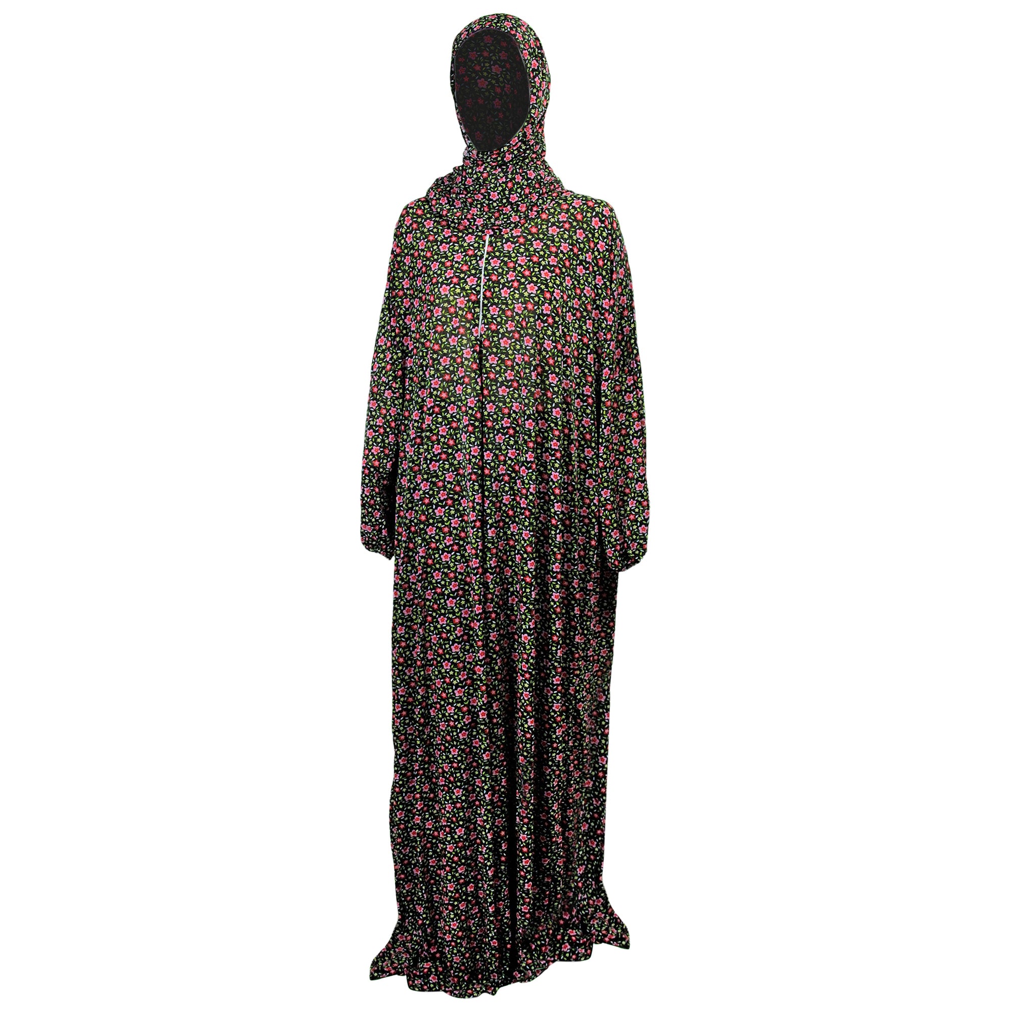 One Size Black Floral Women's Loose Prayer Clothes Abaya Gown With Head Wrap Hijab - Hijaz