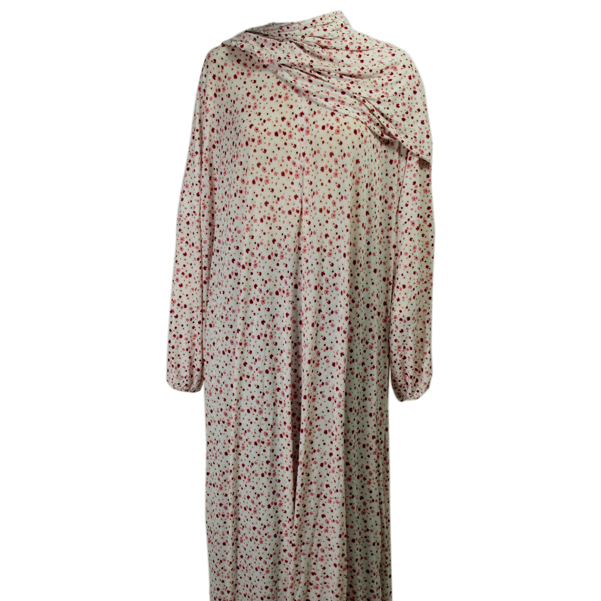 One Size Pink Floral Women's Loose Prayer Clothes Abaya Gown With Wrap Hijab - Hijaz