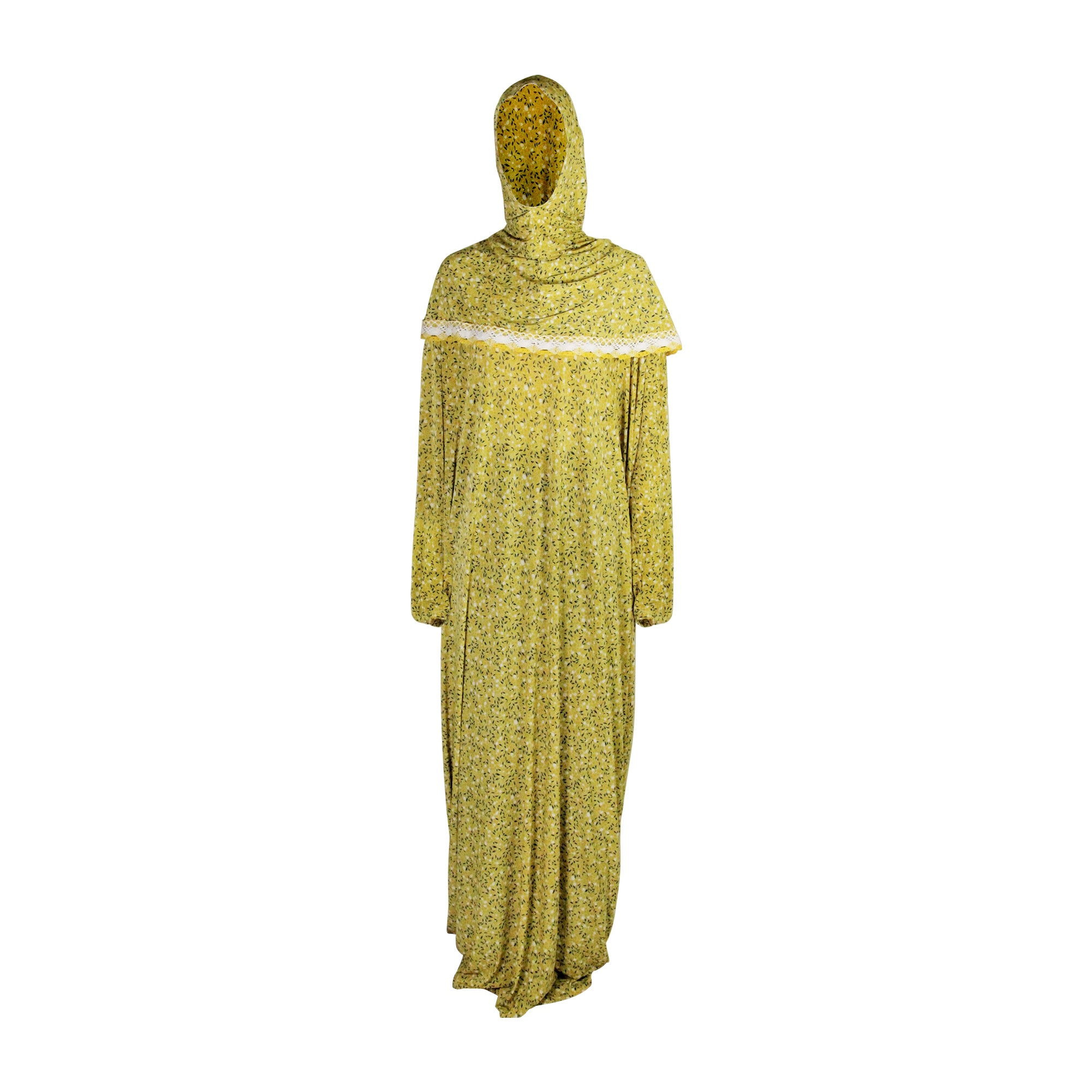 One Size Gold Floral Women's Loose Prayer Clothes Abaya Gown With Wrap Hijab - Hijaz