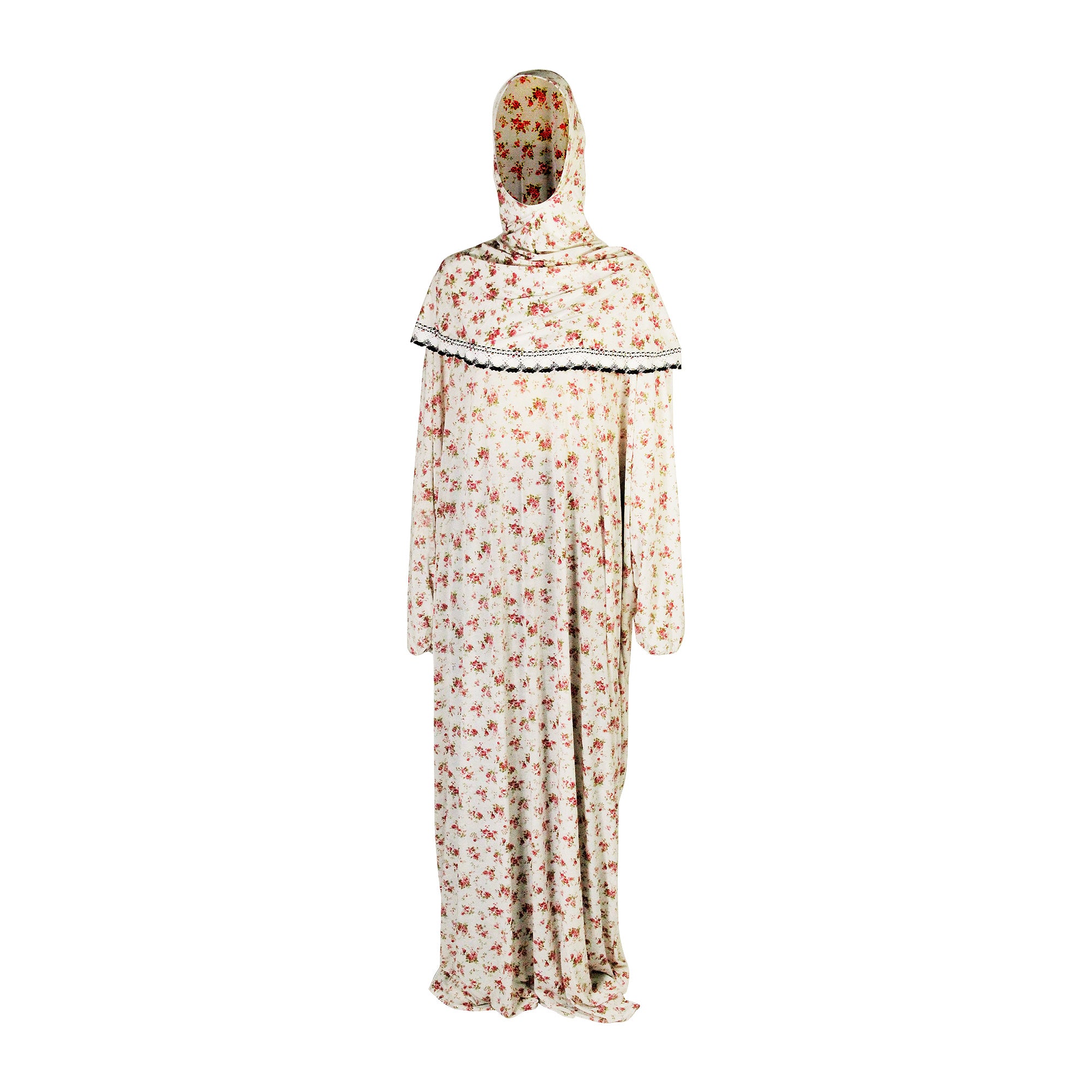 One Size White Rose Women's Loose Prayer Clothes Abaya Gown With Wrap Hijab - Hijaz