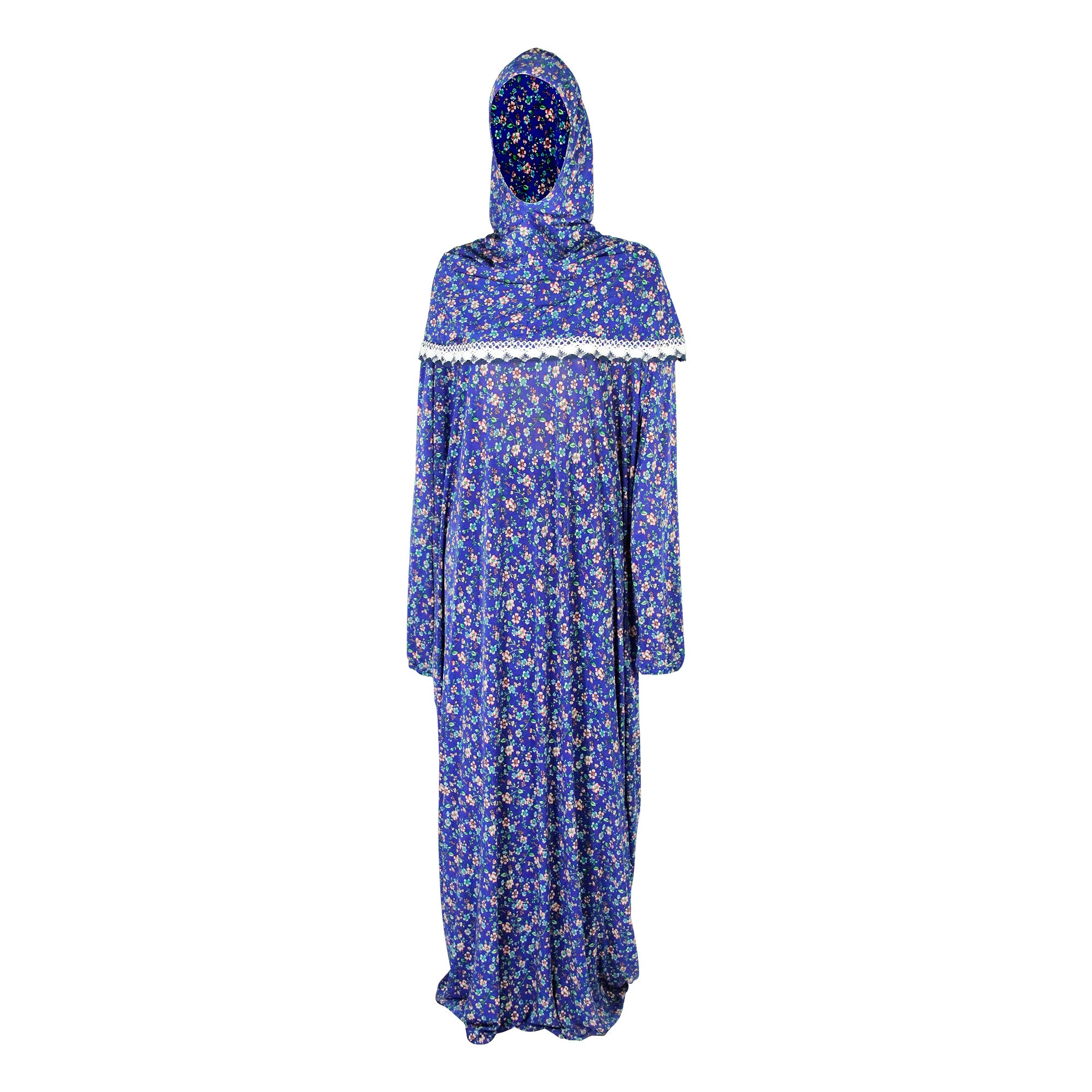 One Size Navy Blue Flower Abaya Women's Loose Prayer Clothes Gown With Wrap Hijab - Hijaz