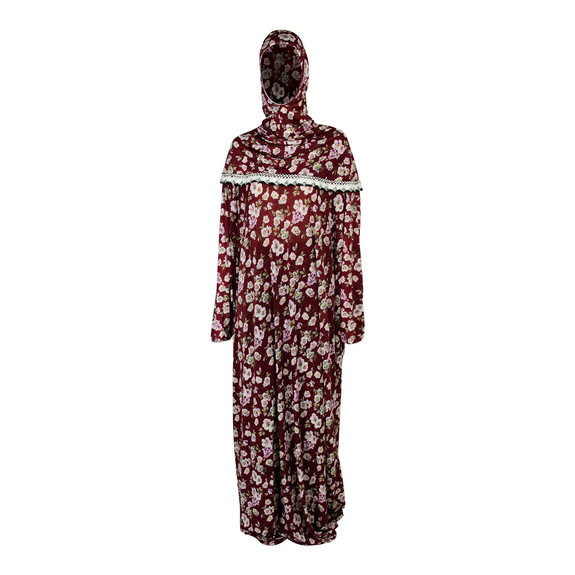One Size Red Floral Women's Loose Prayer Clothes Abaya Gown With Hood Hijab - Hijaz