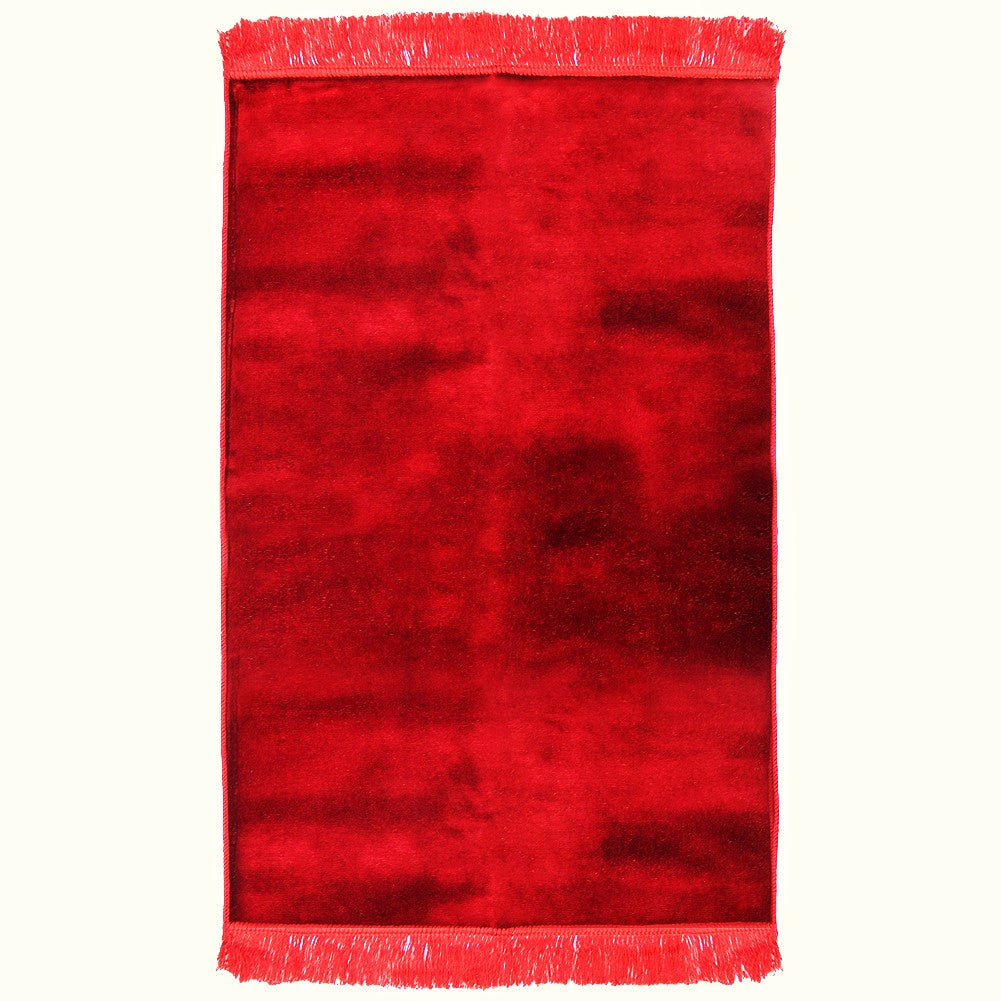 Solid Plain Janamaz Sajadah Dark Red Color Velour Prayer Rug with Tassels - Hijaz
