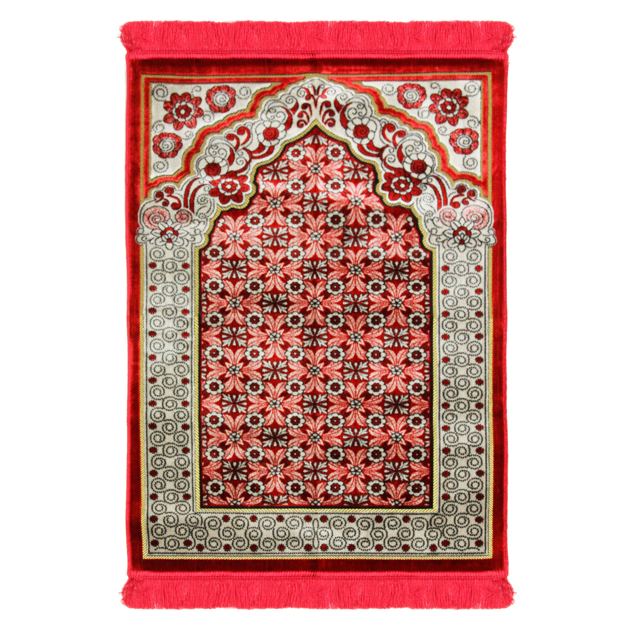 Red Single Prayer Rug with Italian Style Design Archway and Red Tassles - Hijaz