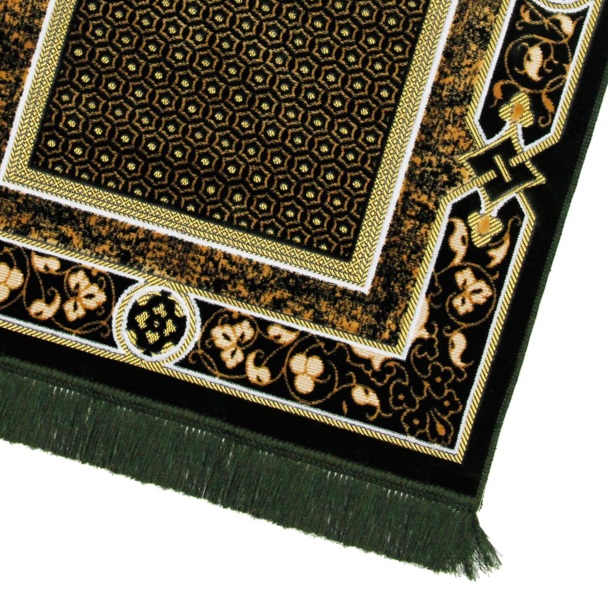Dark Green Suede Janamaz Medina Nabawi Image Prayer Rug with Tan Floral Border - Hijaz