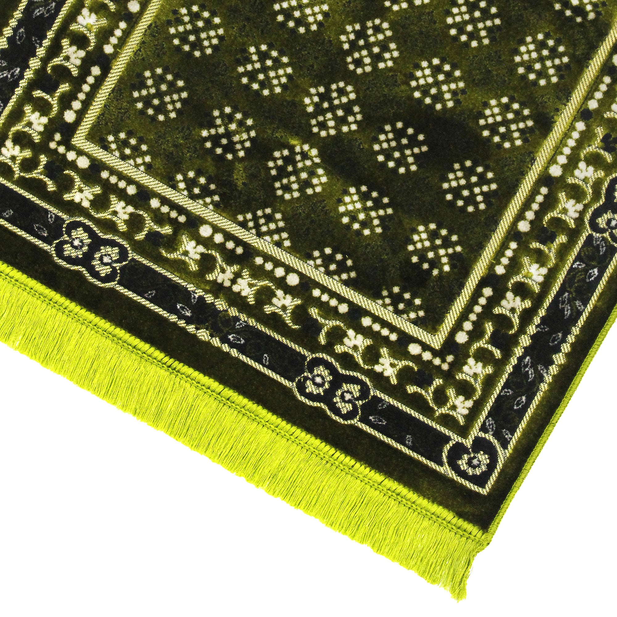 Lime Green Medina Nabawi Image Turkish Prayer Rug with Flower Border & Tassles - Hijaz