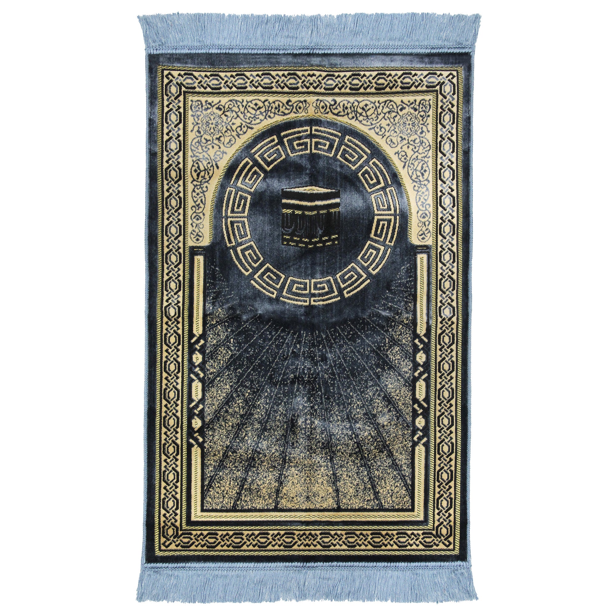 Blue and Tan Border Greek Key and Kaaba Deisgn Authentic Turkish Prayer Rug - Hijaz