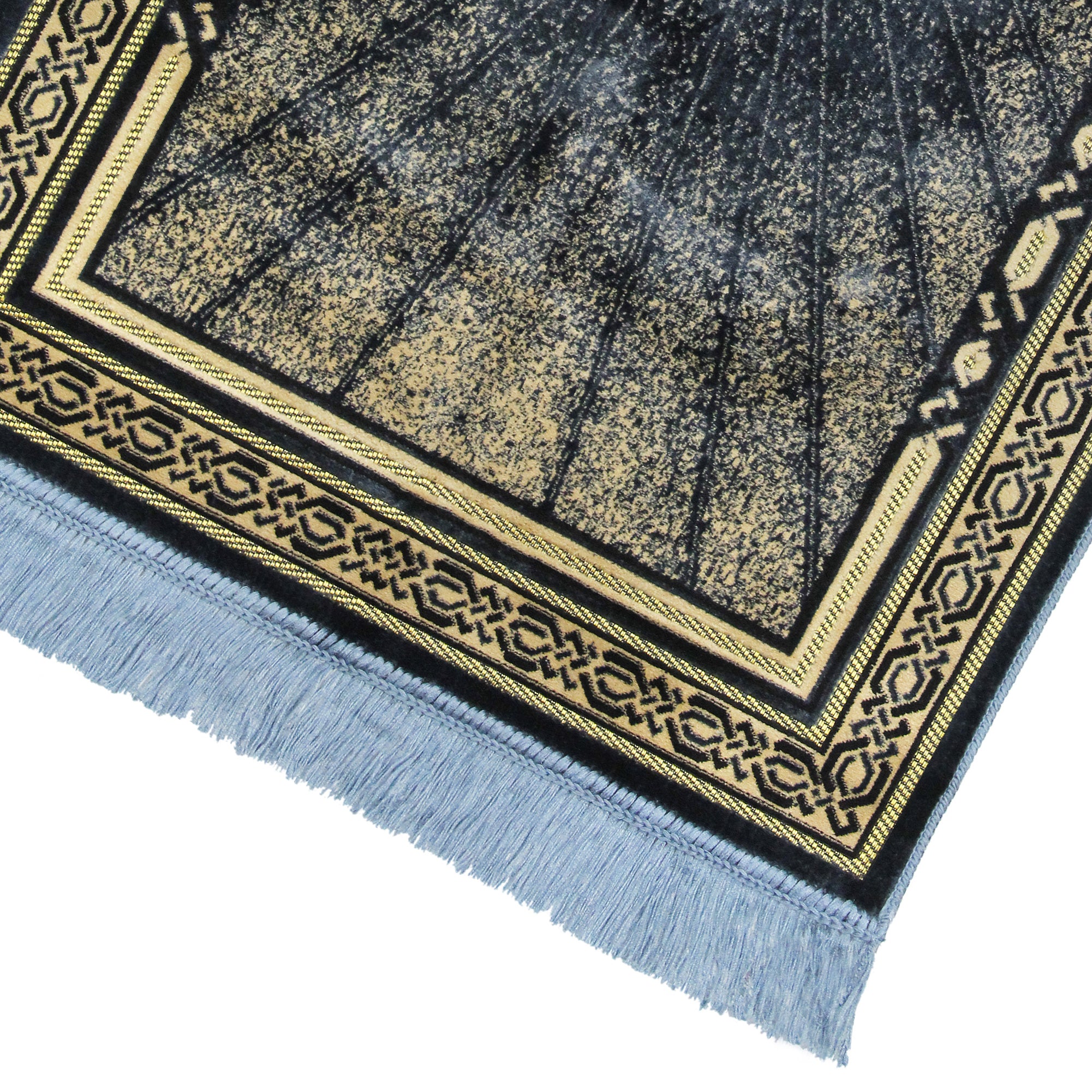 Blue and Tan Border Greek Key and Kaaba Deisgn Authentic Turkish Prayer Rug - Hijaz