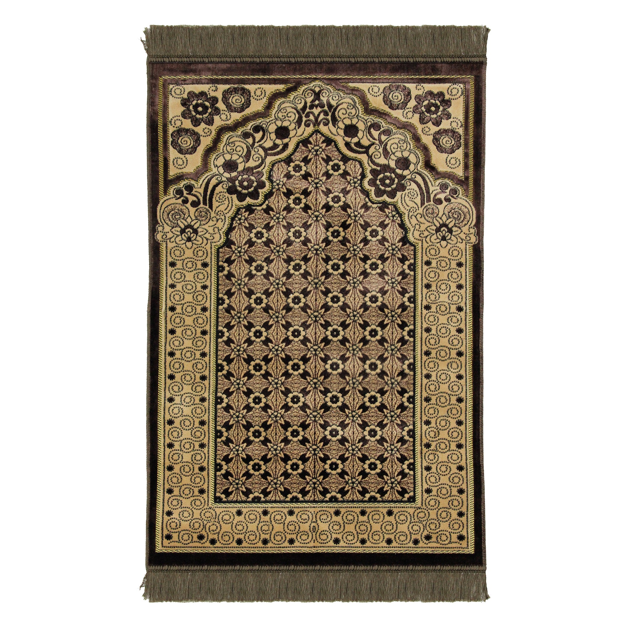 Brown Single Prayer Rug with Italian Style Design Archway and Brown Tassles - Hijaz