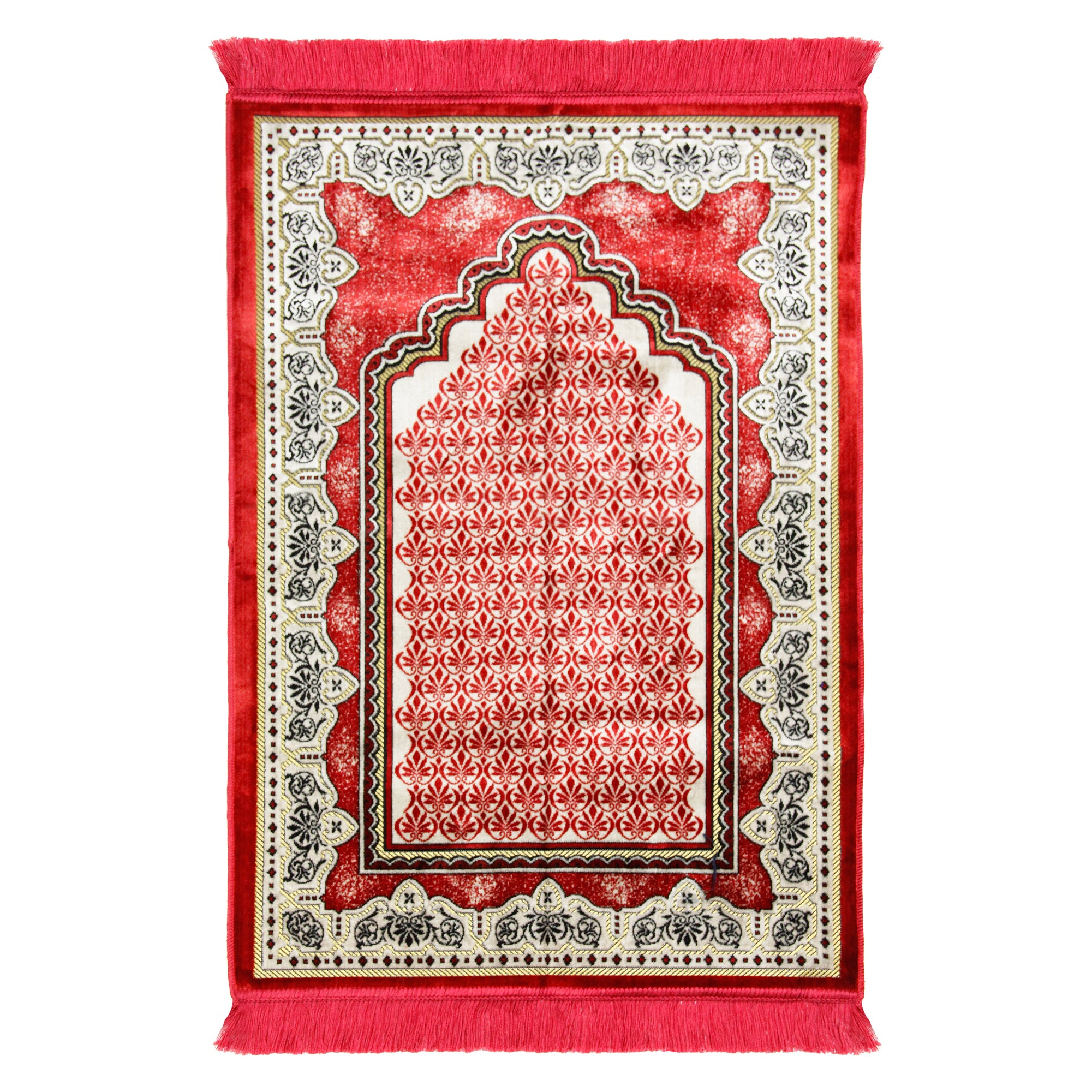 Cherry Red Single Prayer Rug with Tan Lotus Border & Archway with Red Tassles - Hijaz